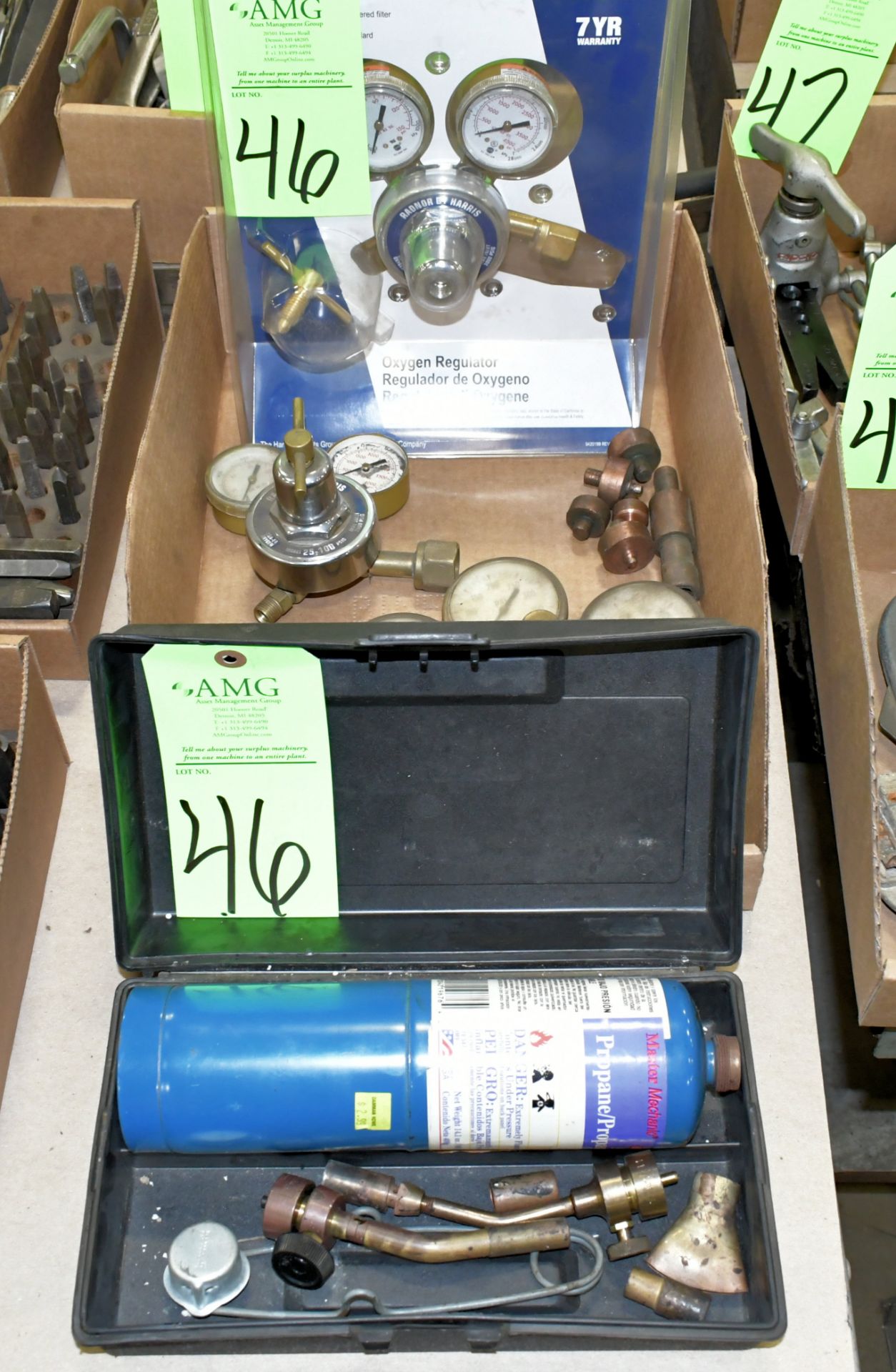 Lot-Various Oxygen/Acetylene Gauges in (1) Box and Propane Torch