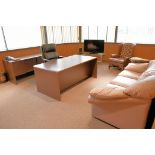 Lot-(1) Desk, (1) Credenza, (1) Chairs, (1)Leather Sofa, (1) Table, (1) Stand and (1) TV