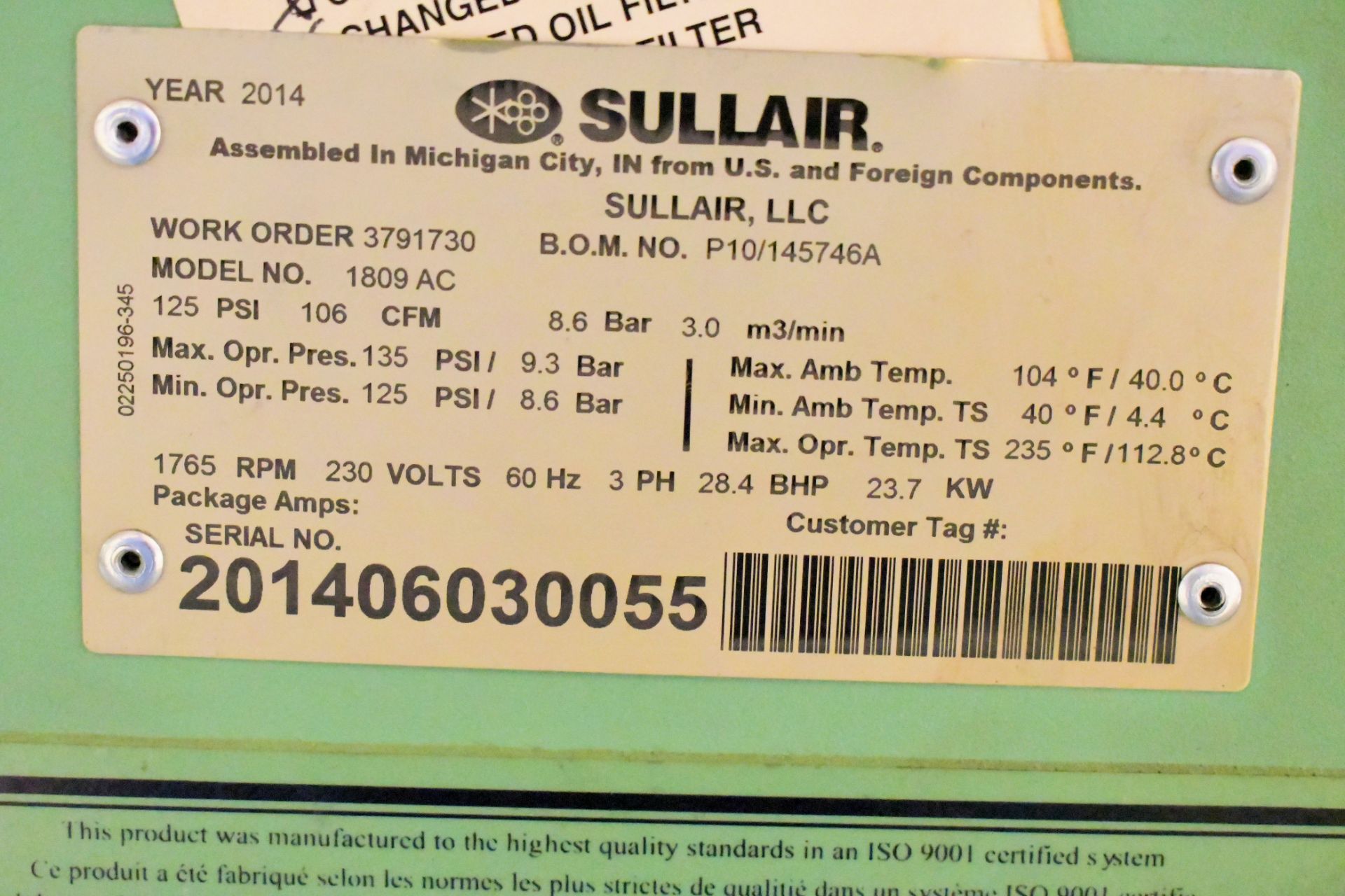 Sullair Model 1809 AC, 28.4 BHP, Rotary Screw Air Compressor, S/n 201406030055 (2014), (Upstairs - Image 3 of 3