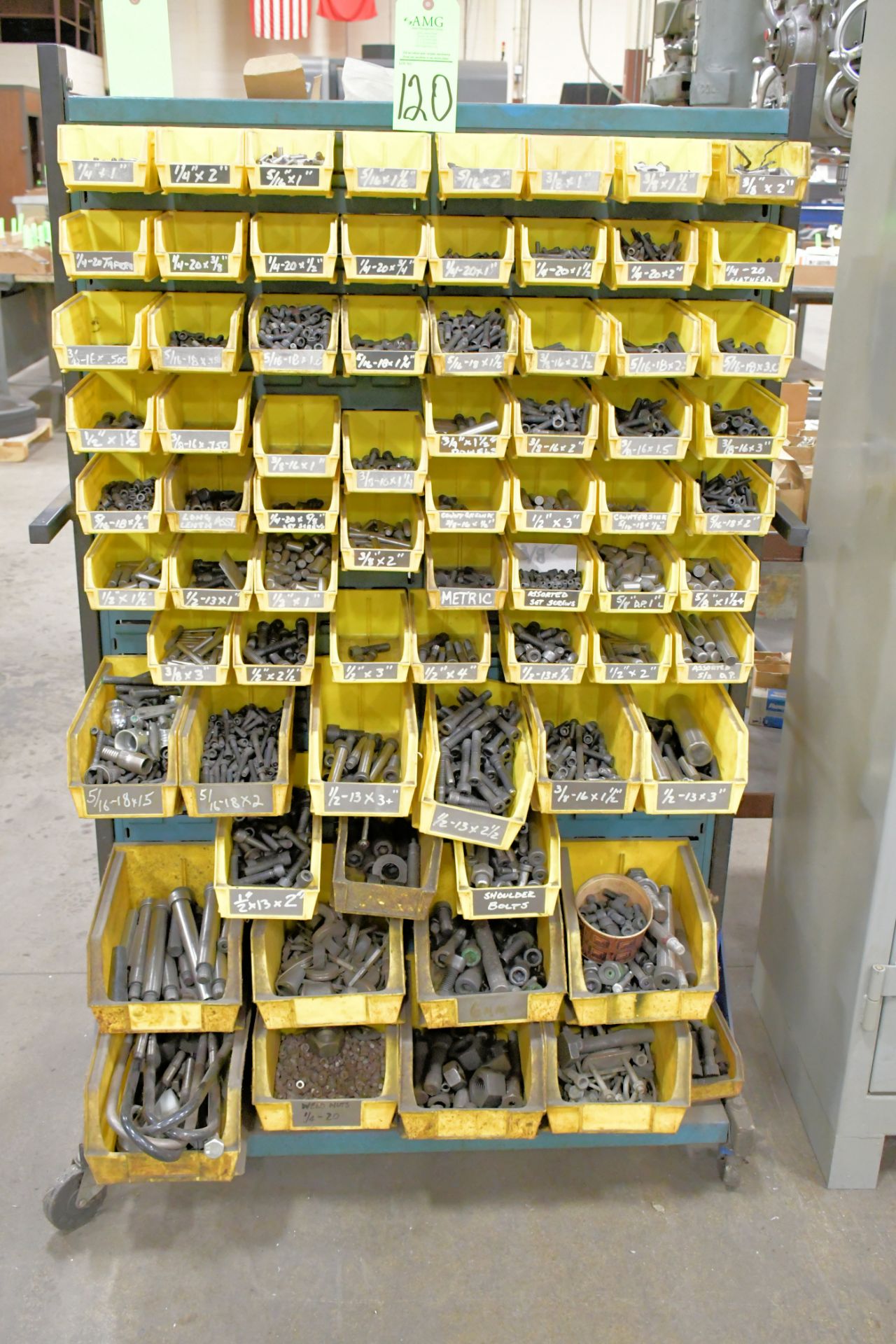 Lot-Nuts, Bolts, Washers, Springs, Hose Clamps, etc. with Double Sided Bin Rack and Cart - Bild 2 aus 2