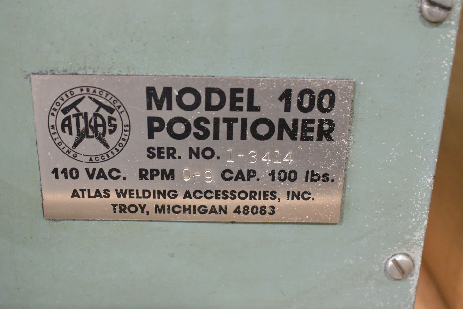 Atlas Model 100, 9" Diameter Bench Top Welding Positioner, S/n 1-3414, 100-Lbs. Capacity, 1-PH - Bild 2 aus 2