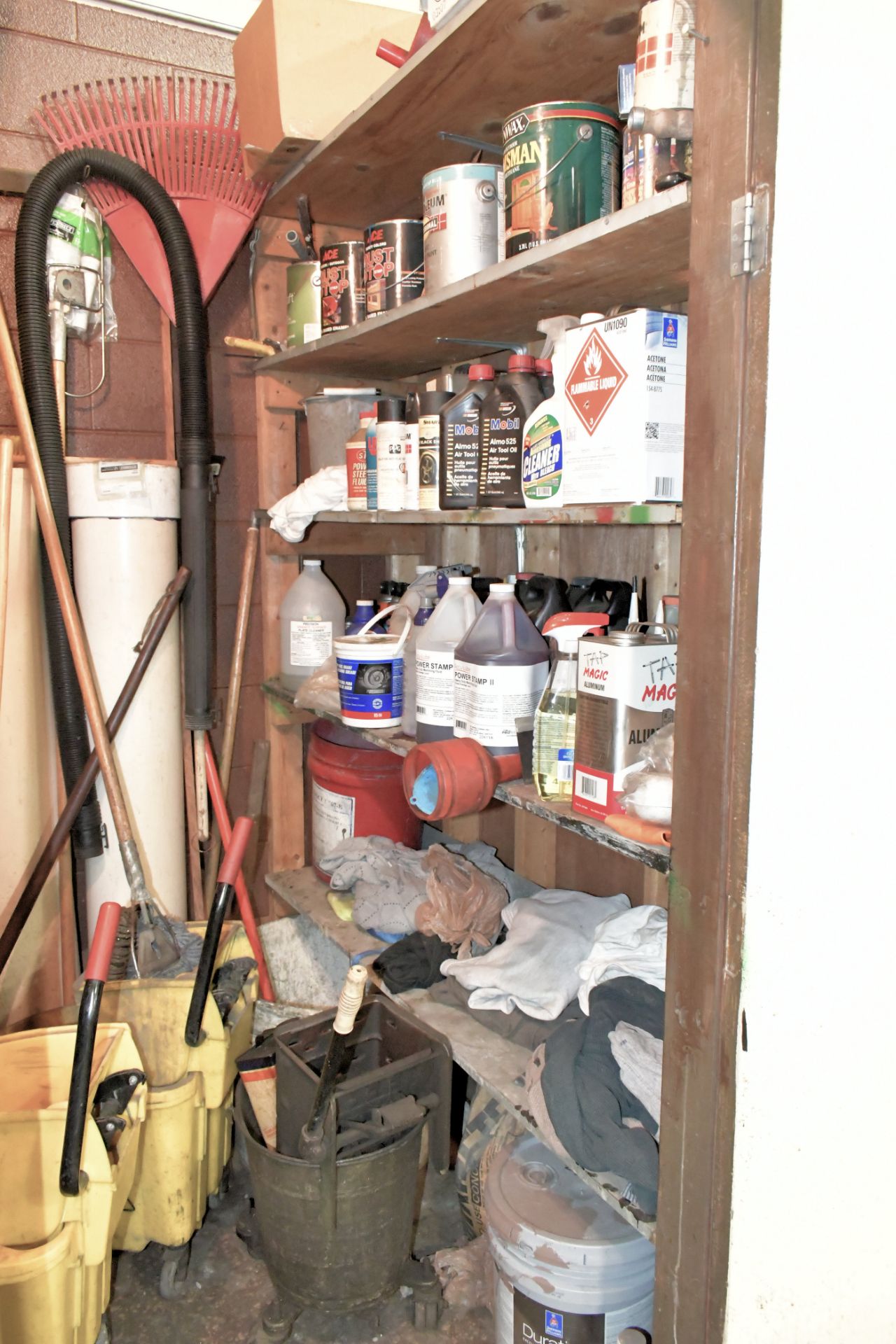 Lot-Various Cleaning Products, Air Tool Oil, Rags, Paints, Brooms, Rake, Belts, Hoses, Mop Buckets