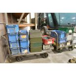 Lot-(1) Flat Cart with Plastic and Steel Totes, (2) Partial Rolls Bubble Wrap, and Cardboard