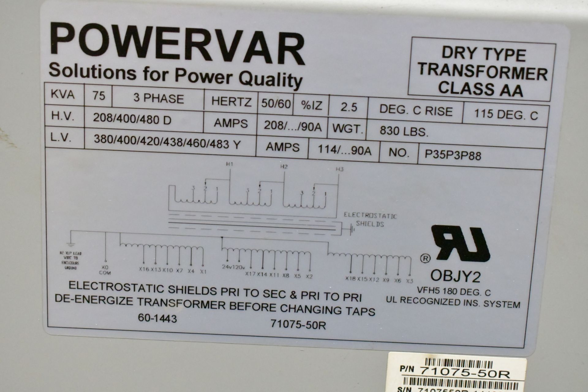 Powervar 75-KVA Transformer, H.V. 208/400/480 D, L.V. 380/400/420/438/460/483 Y - Image 2 of 2