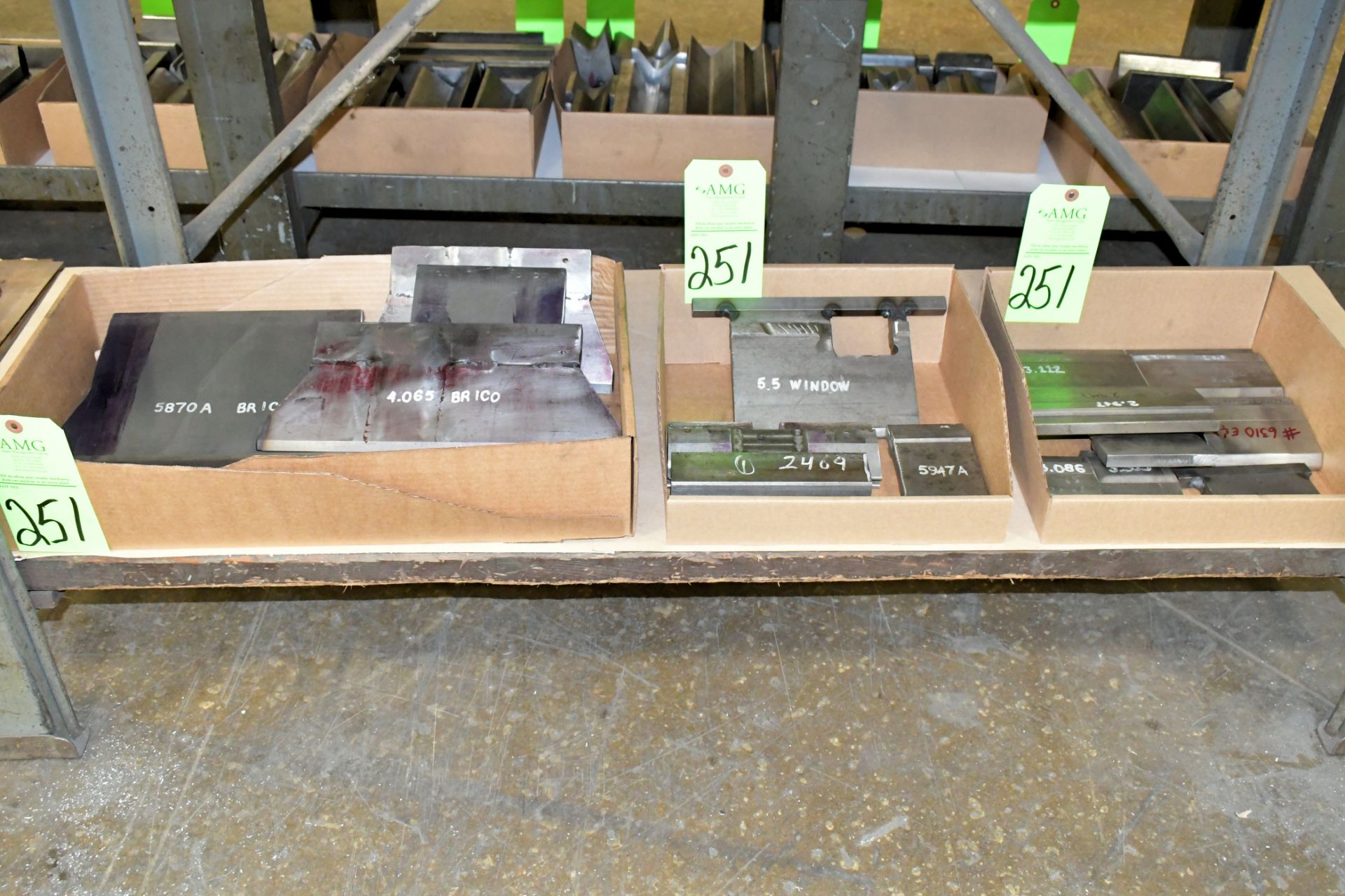 Lot-Various Brake Dies in (3) Boxes on (1) Shelf Under (1) Bench