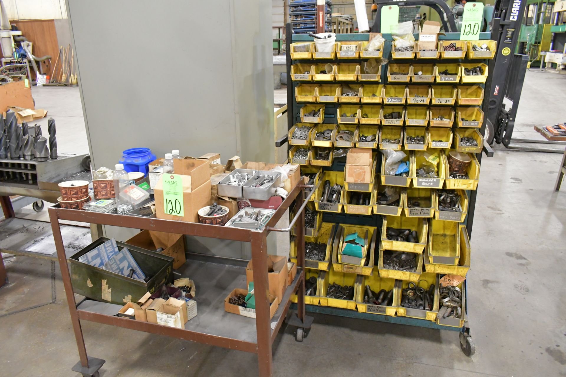 Lot-Nuts, Bolts, Washers, Springs, Hose Clamps, etc. with Double Sided Bin Rack and Cart
