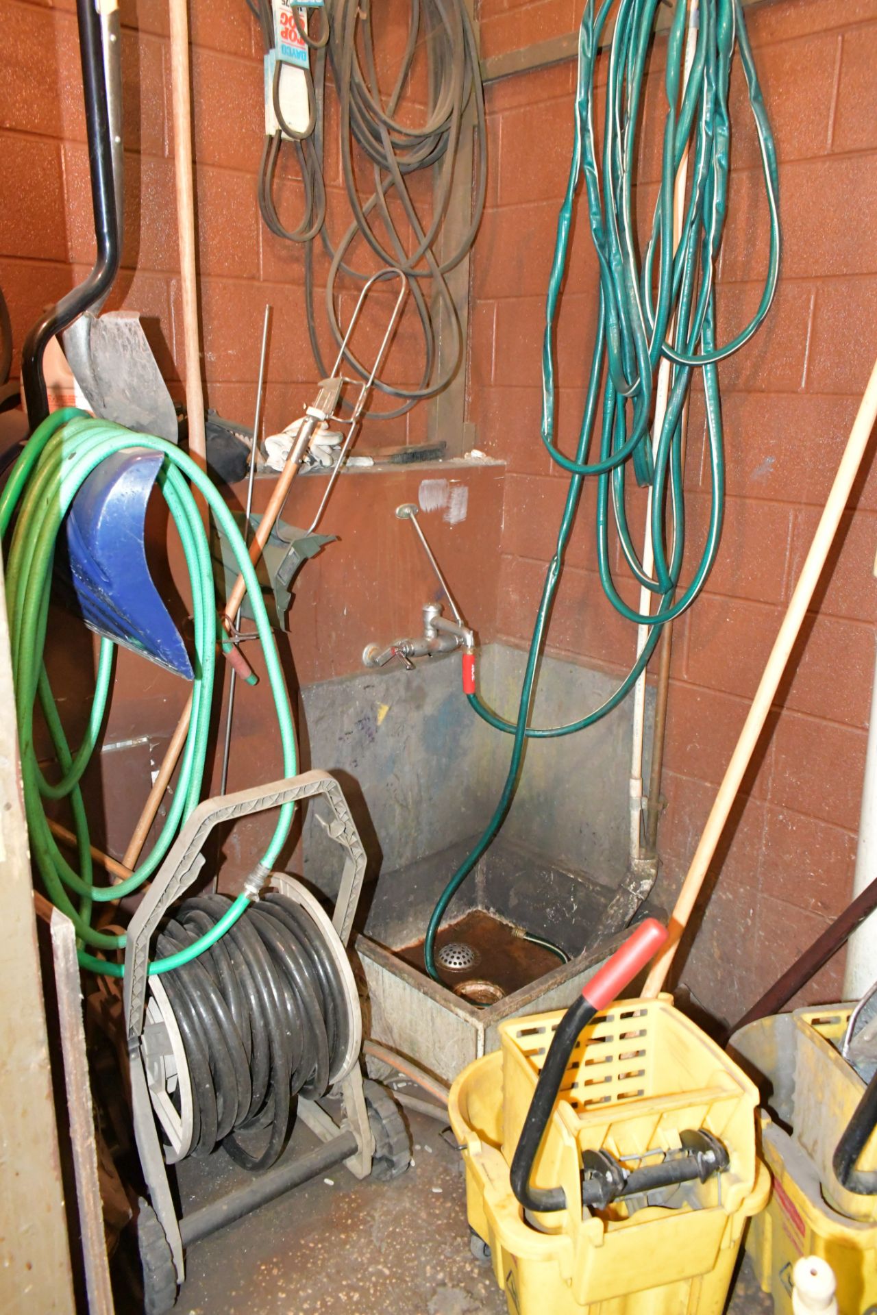 Lot-Various Cleaning Products, Air Tool Oil, Rags, Paints, Brooms, Rake, Belts, Hoses, Mop Buckets - Image 2 of 2