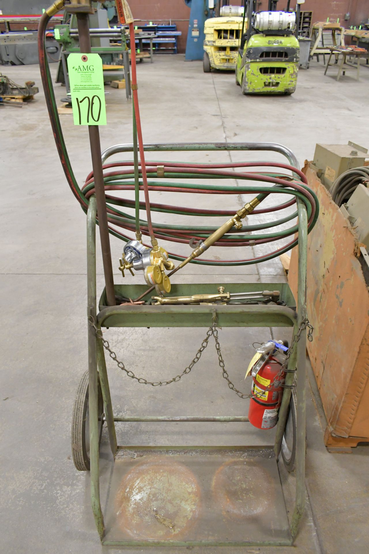 Lot-(1) Oxygen/Acetylene Tank Cart with Torches, Gauges, Hose, and Fire Extinguisher