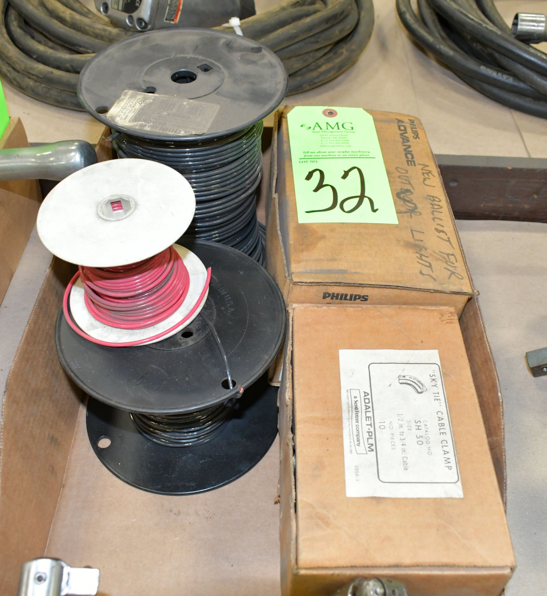 Lot-Various Spools of Wire, Ballast, and Cable Clamps in (1) Box