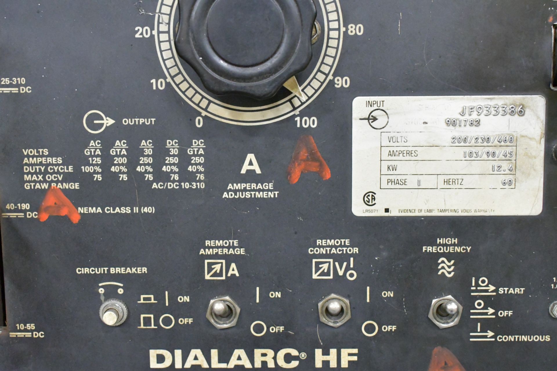 Miller Dialarc HF, 250-Amp Capacity CC AC/DC Tig Welder, S/n JF933386, 1-PH, Foot Pedal Control, - Image 4 of 4