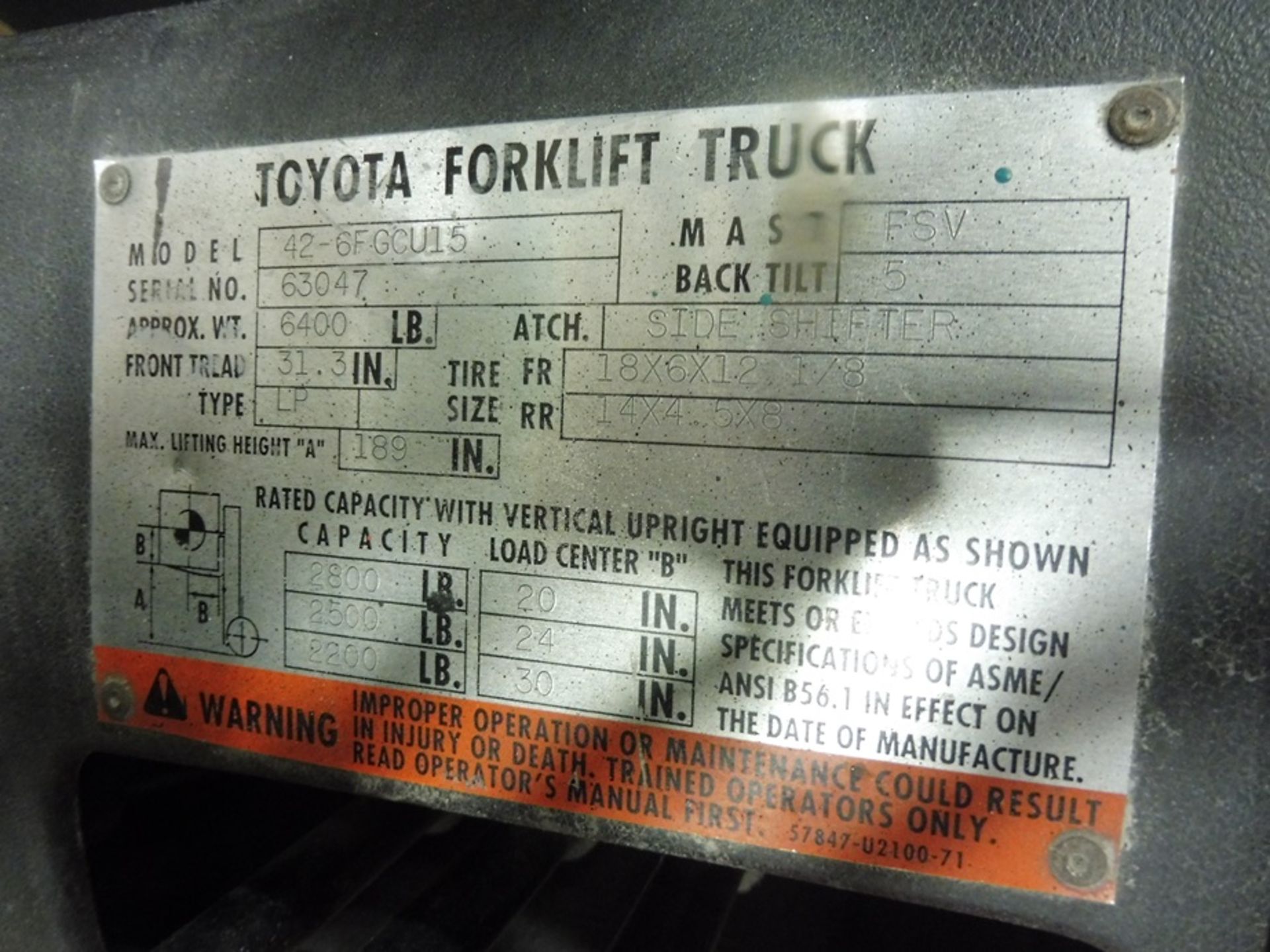 TOYOTA "42-6F-GCU15" Propane Powered Forklift Truck, S/N: 63047, 2,800LB Capacity, 3-Stage Mast, - Image 4 of 4