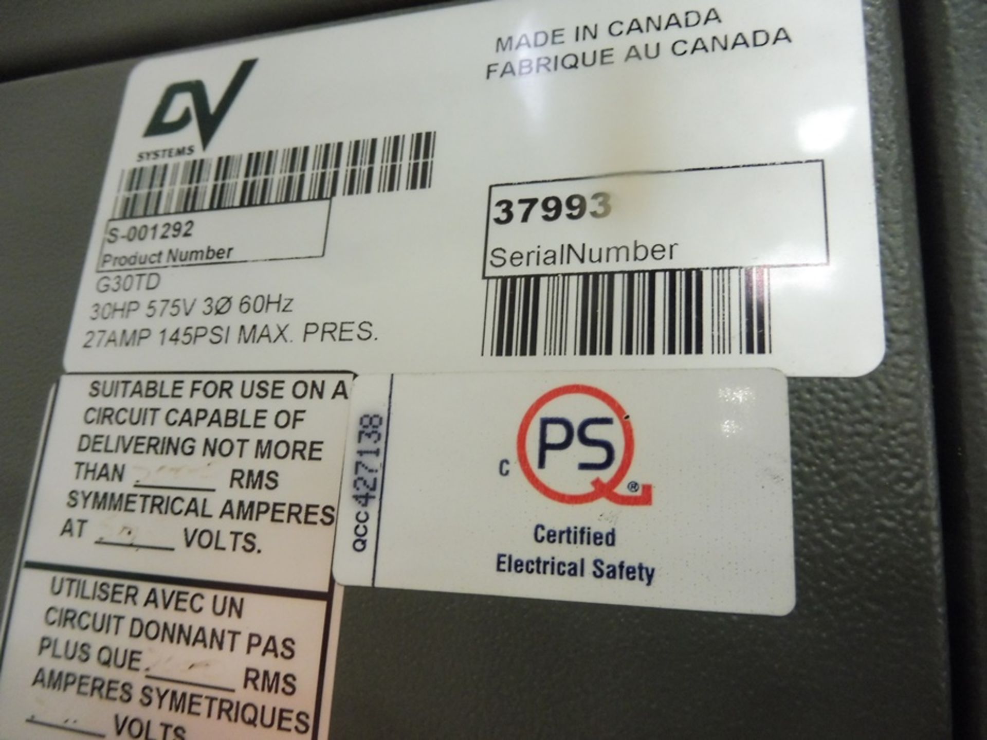 2012 DV SYSTEMS "G-30TD" Rotary Screw Air Compressor, S/N: 37993, 30 HP Capacity, W/ DV "ASD-100" - Image 3 of 6