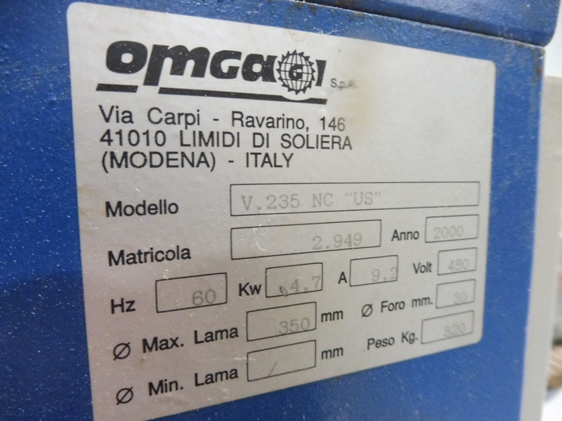 2000 OMGA "V235-NC-US" CNC Fixed Double Miter Saw, S/N: 2.949, 14" Blades, Hopper Loader, (North - Image 3 of 4