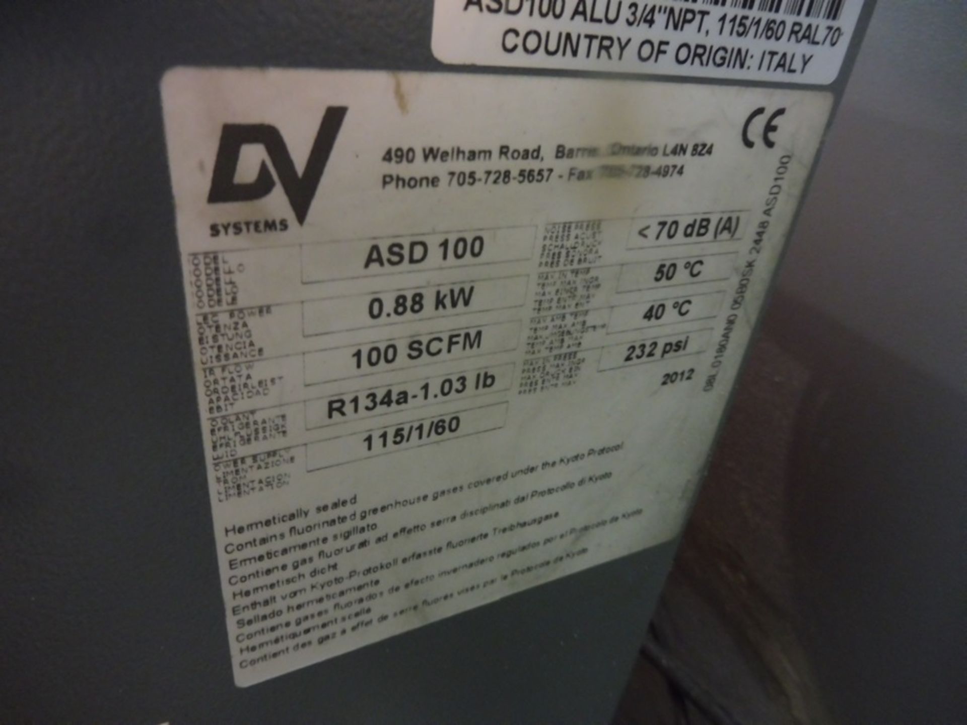 2012 DV SYSTEMS "G-30TD" Rotary Screw Air Compressor, S/N: 37993, 30 HP Capacity, W/ DV "ASD-100" - Image 2 of 6