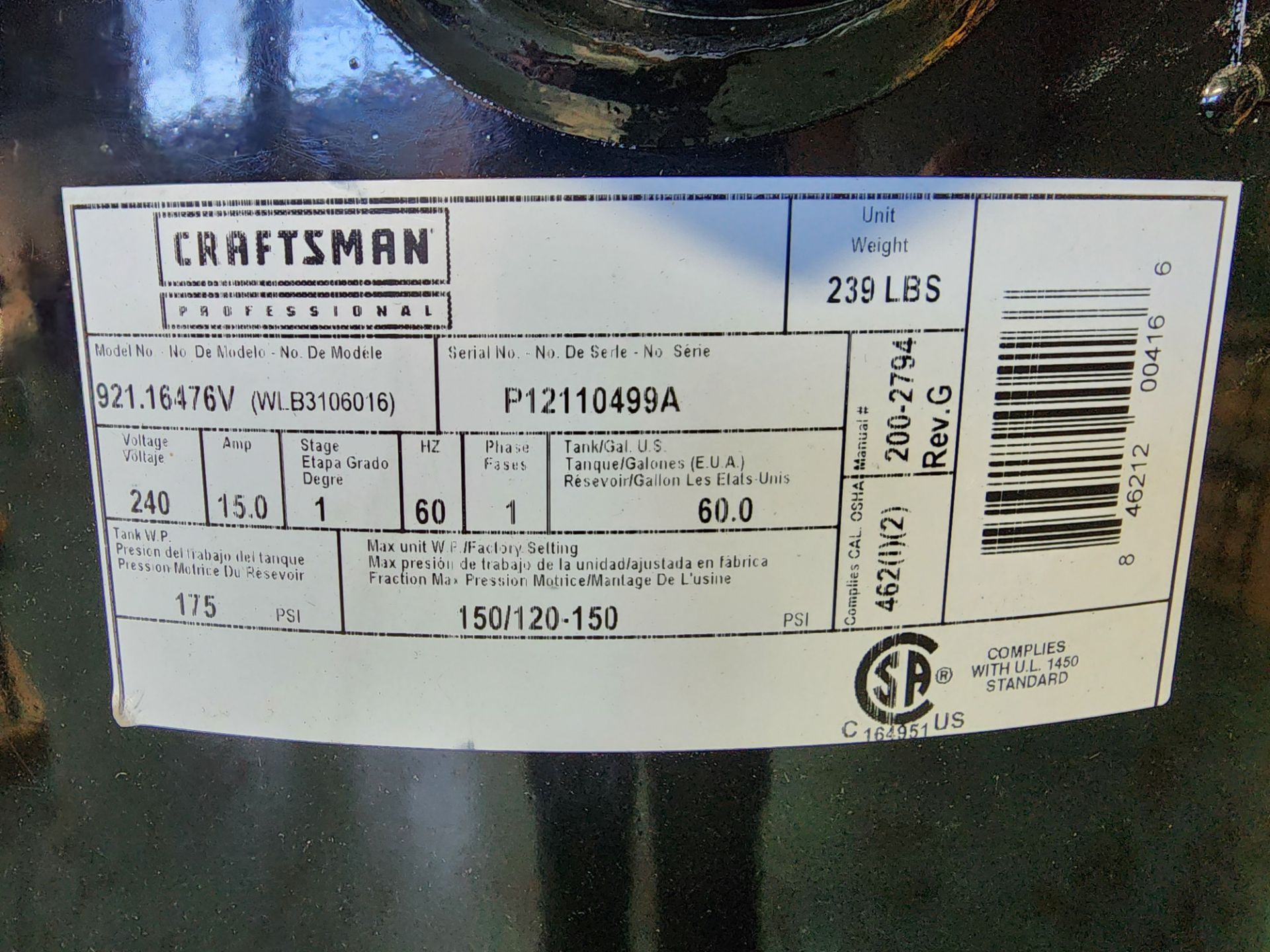 Craftsman Professional Air Compressor - LISTED AS "SALVAGE": 150 PSI, 240 Volt, 3.1 HP, 60 Gallon - Image 8 of 11
