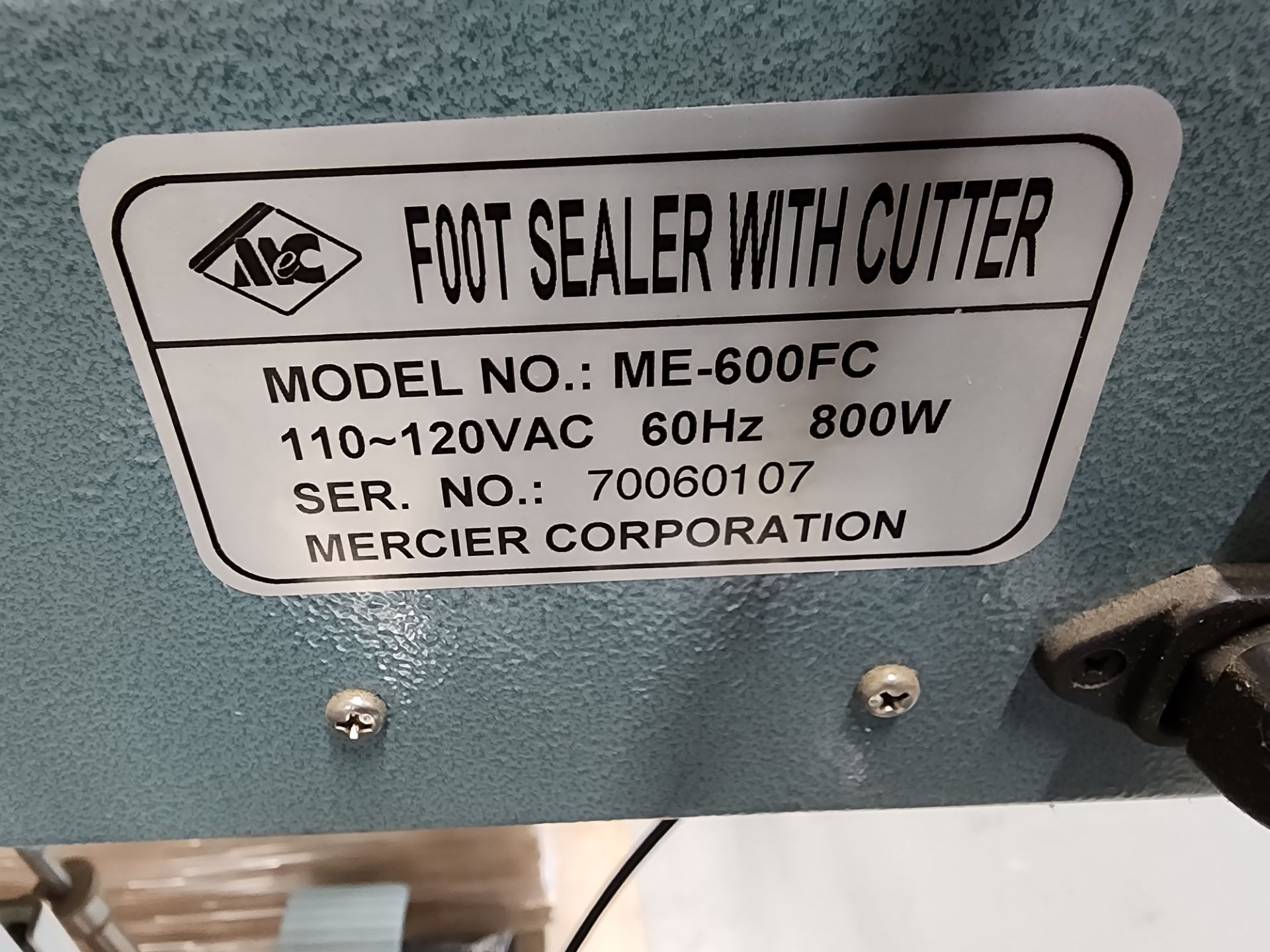 Mercier Model ME-600FC Foot Sealer w/Cutter, S/N 70060107 - Image 3 of 4