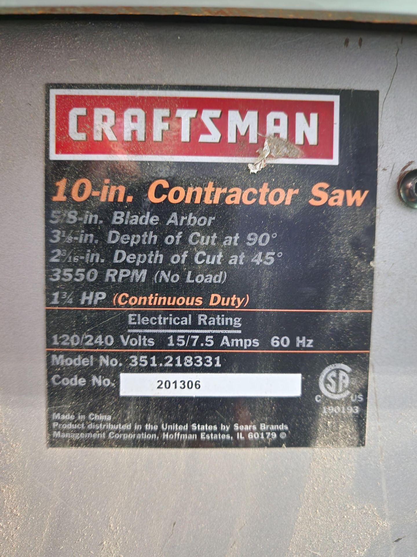 Craftsman Model 351.218331 10" Table Saw, S/N 201306 (2013) - Image 9 of 9
