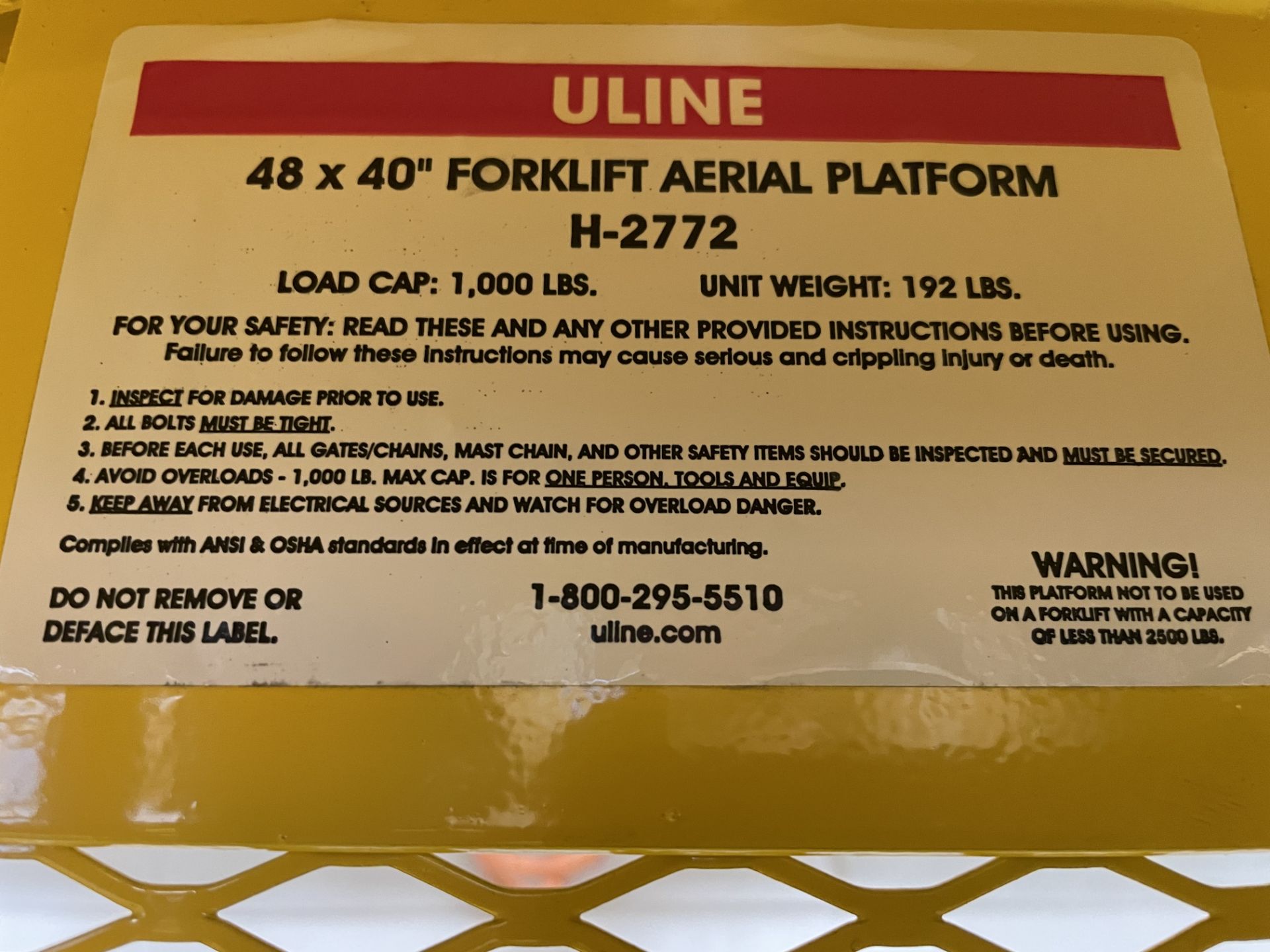 U-Line Model H-2772 Forklift Aerial Platform (Safety Cage), 48" x 40", 1,000 Lb. Capacity - Image 3 of 3