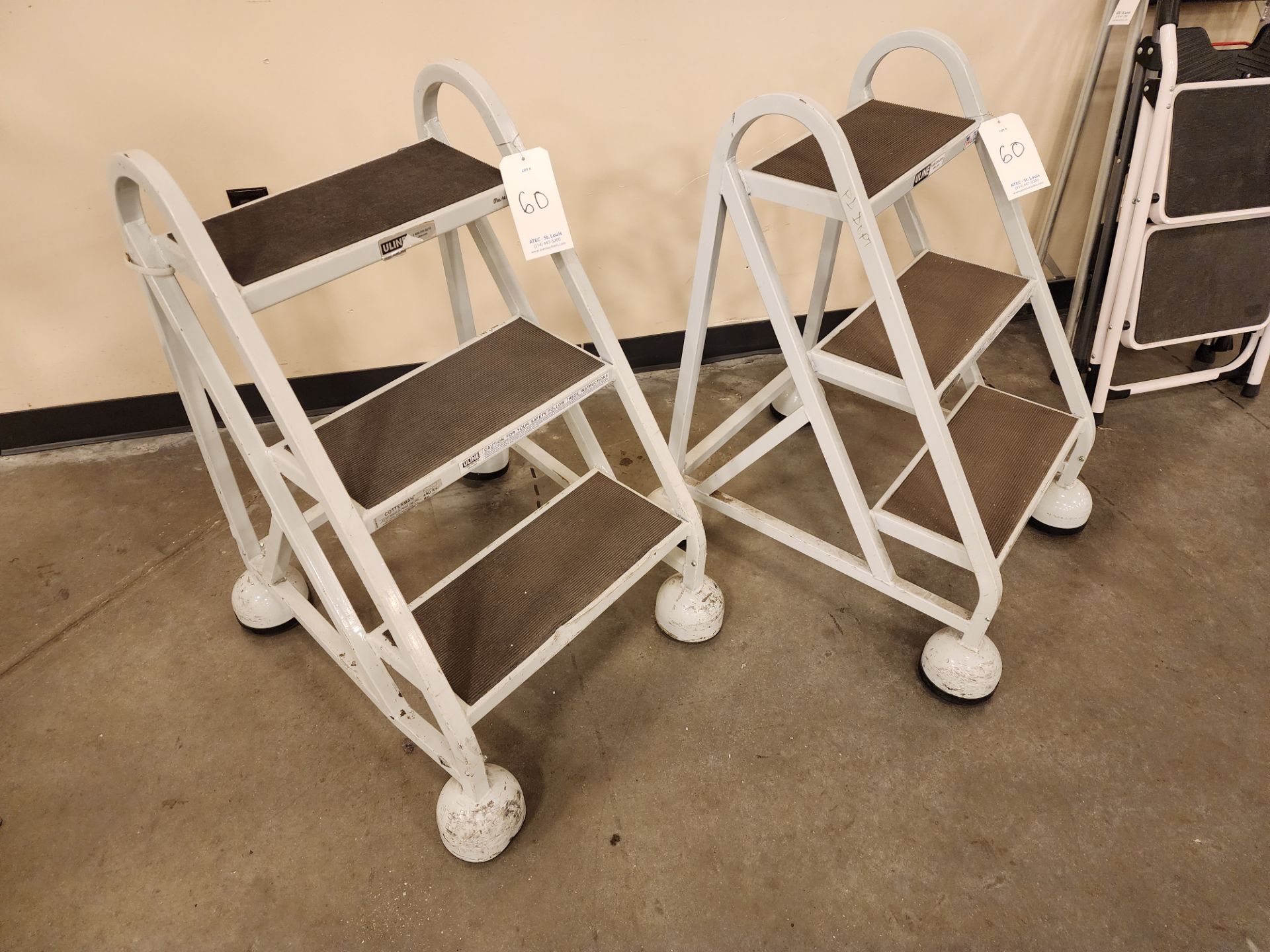 Lot of (2) U-Line 3-Step Step Stools (1 has bent wheel) - Image 2 of 3