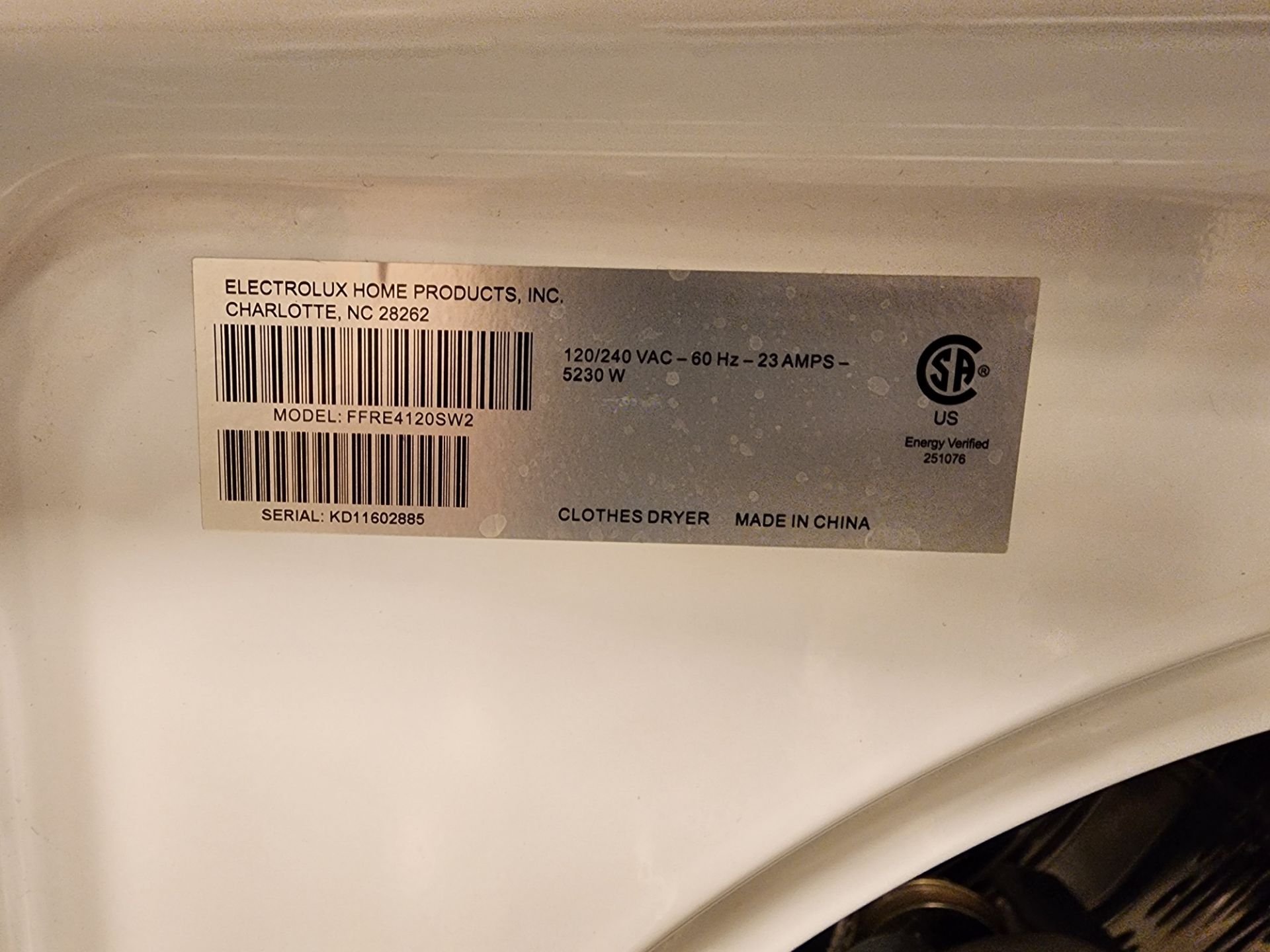 Frigidaire Model FFRE4120SW2 Electric Dryer - Image 5 of 5