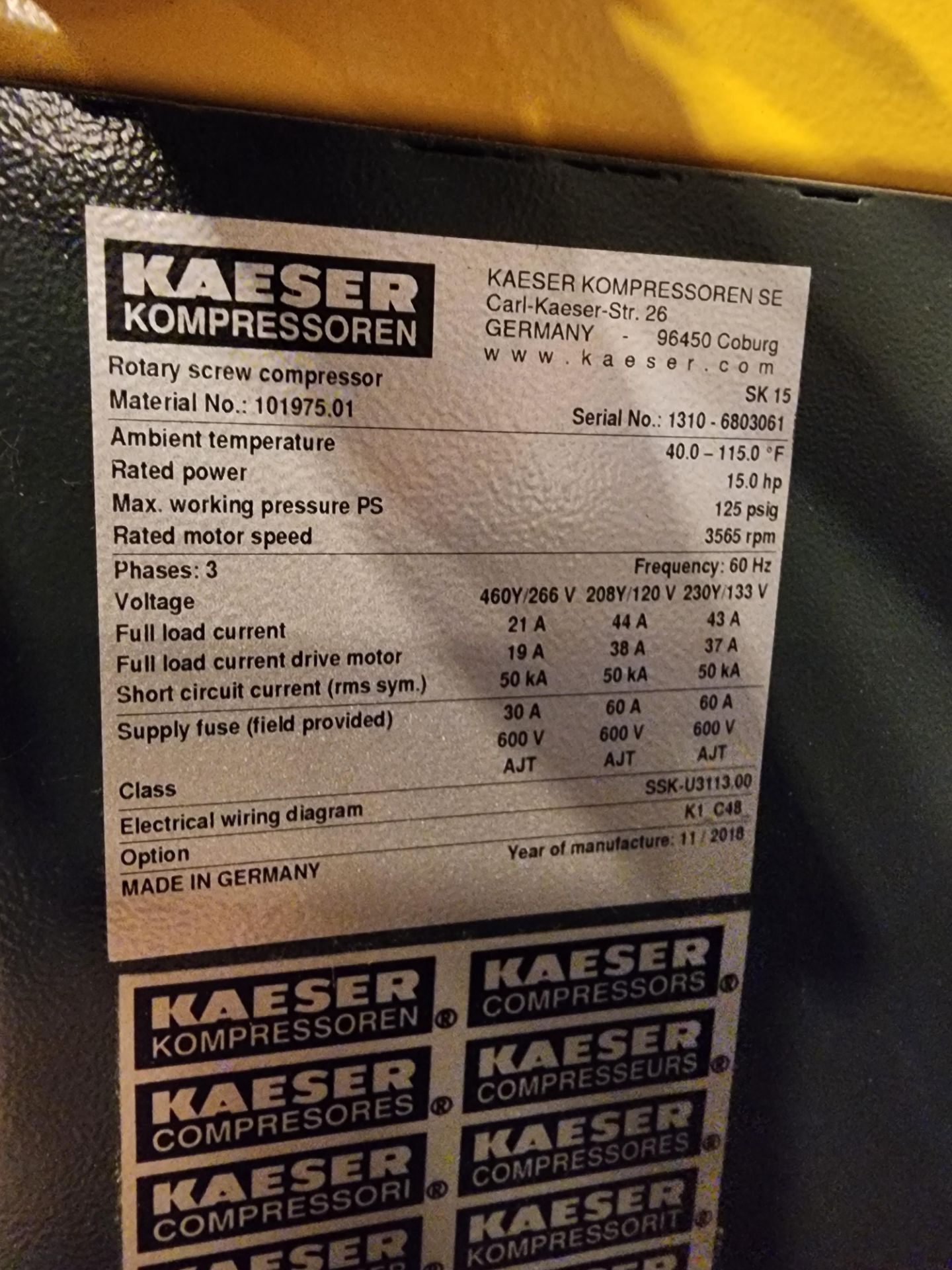 Kaeser Model SK15 Rotary Screw Air Compressor, 15HP, 125 PSIG, 28,400 Hours, S/N 1310-6803061 ( - Image 6 of 7