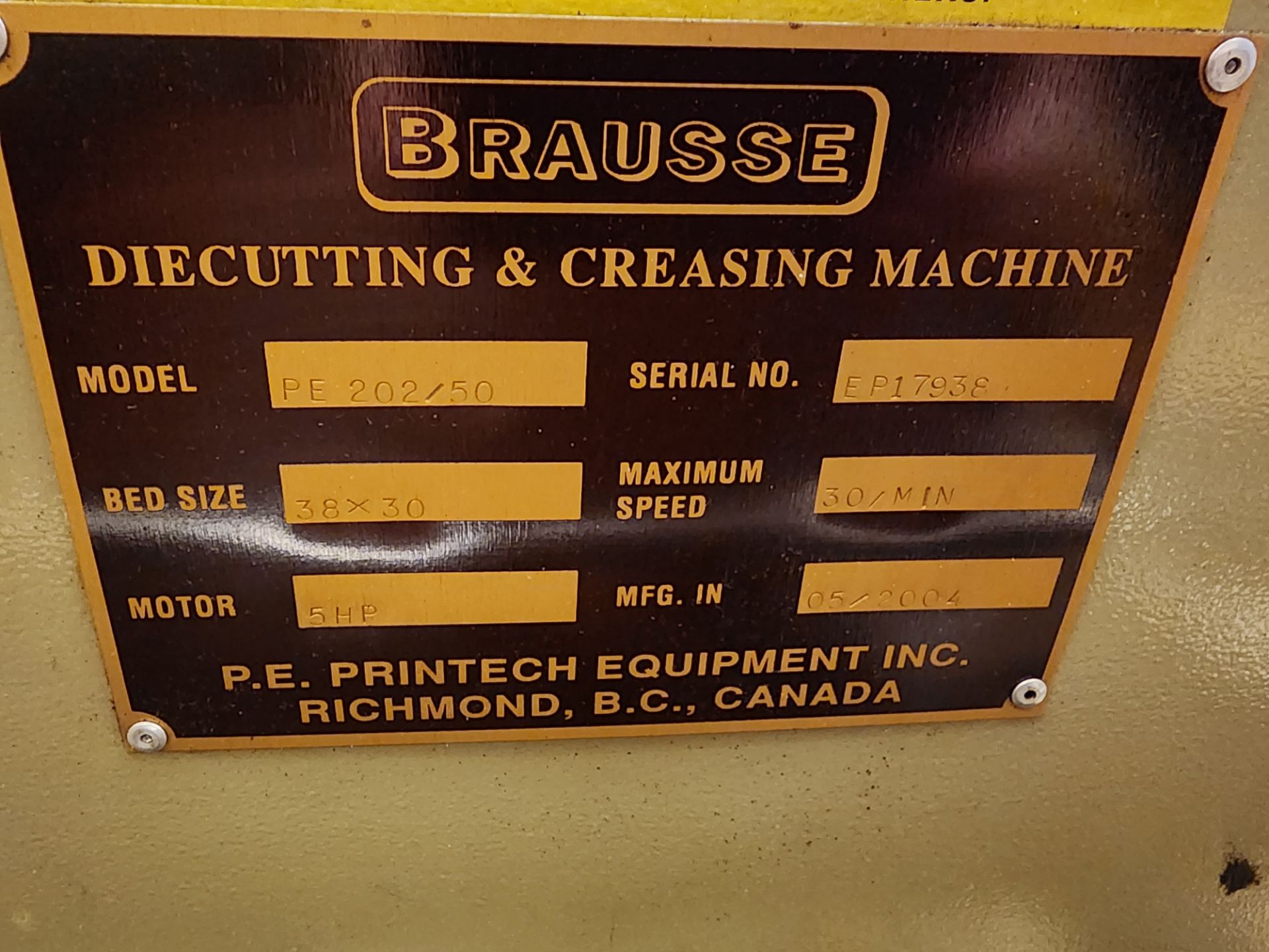 Brausse Model PE 202/50 Die Cutting & Creasing Machine, 38" x 30" Bed, 30/Min, S/N EP17938 (2004) - Image 8 of 8