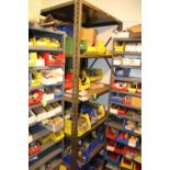 Shelf, 3' wide, 2' deep, 7' high, and contents including miscellaneous electrical components, plugs,