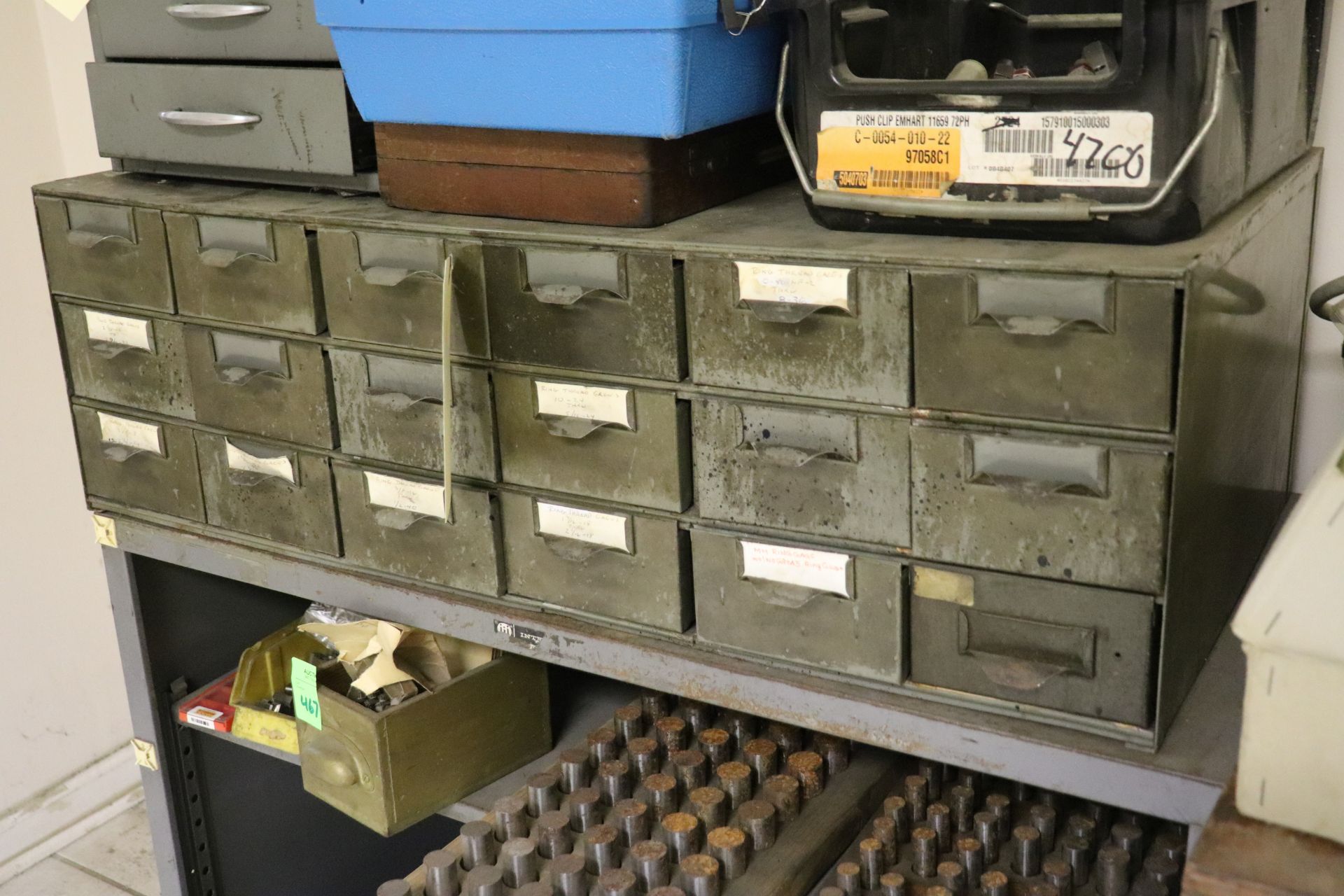 Metal parts bin, 18 drawers with contents, 34" x 17" x 10"