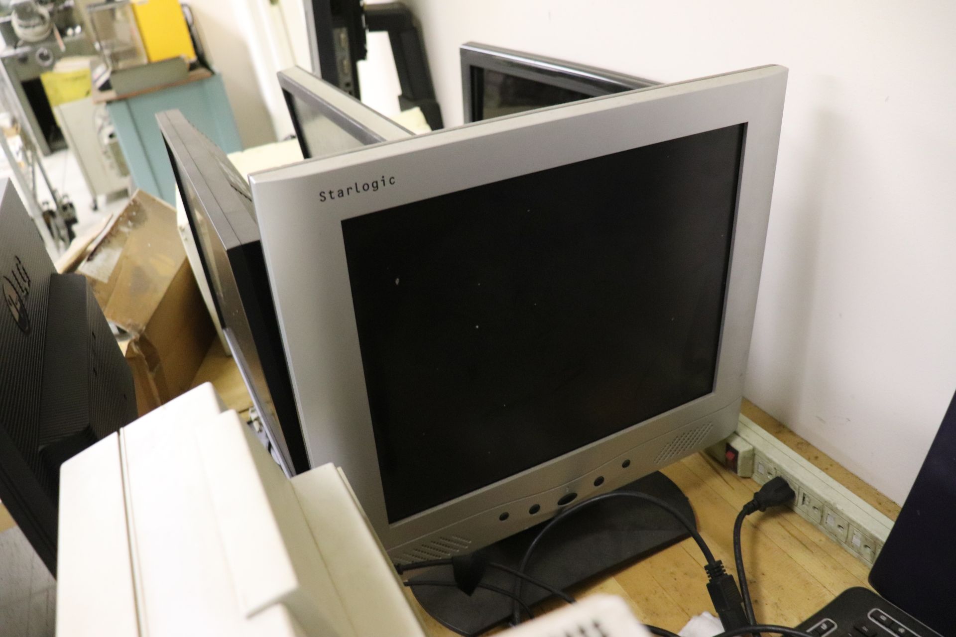 Six computer monitors, two Epson printers, Wacom drawing pad, Tripp Lite Smart 1250XL, and two deskt - Image 6 of 10