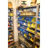 Shelf, 3' wide, 2' deep, 6½' high, and contents including bar stock, springs, fasteners, bolts, part