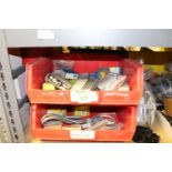 Two bins of contact switch replacement parts, Sola power supplies, Omron DC4 limit switch, Square D