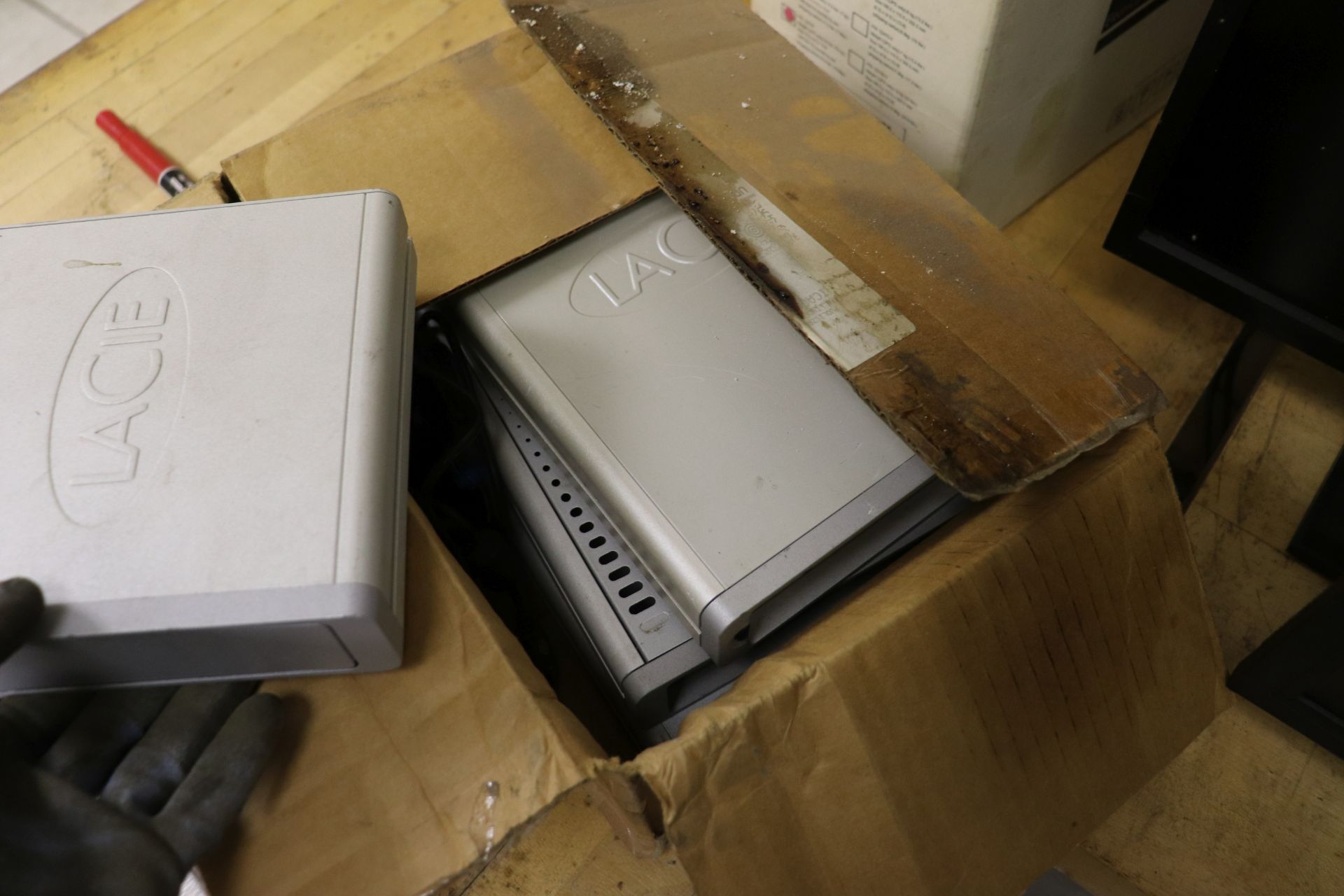 Six computer monitors, two Epson printers, Wacom drawing pad, Tripp Lite Smart 1250XL, and two deskt - Image 9 of 10
