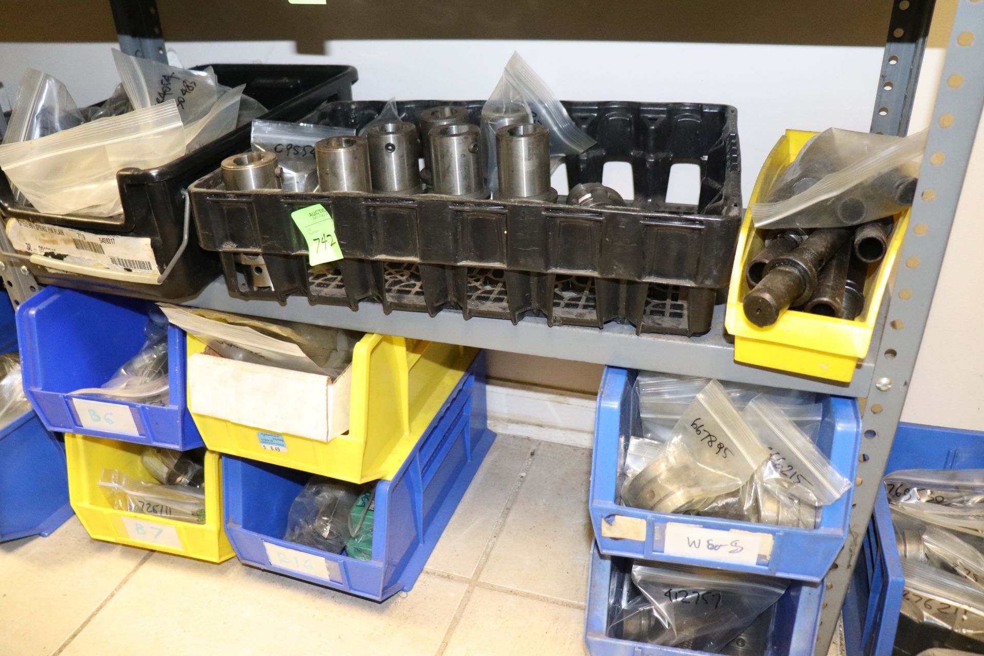 One shelf and six bins of tool holders, machine screws, collet pads