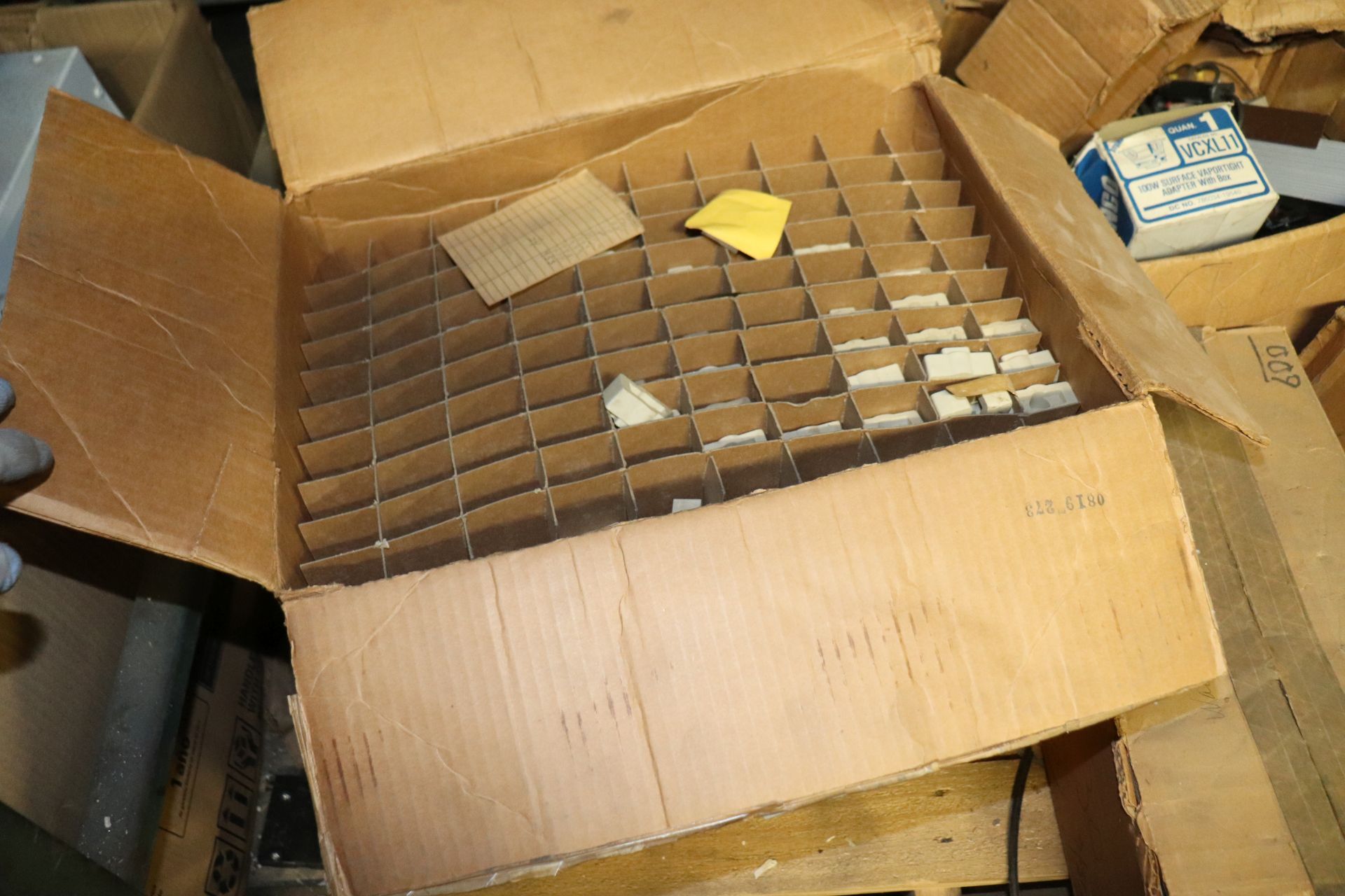 Pallet of small light bulbs, electrical components, circuit breakers, power bricks, and electric mot - Image 2 of 11