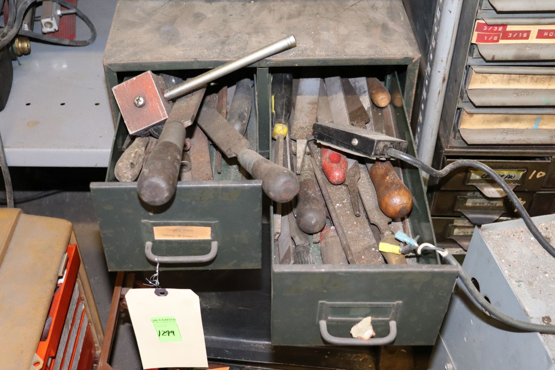 Two-drawer parts box with contents including metal files