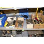 Contents of one shelf including a Weller D550 soldering gun, gauges, tool holders, miscellaneous ele
