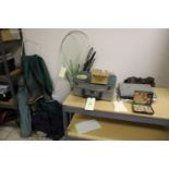 Fishing equipment including three tackle boxes, miscellaneous rods, nets, waders, etc.