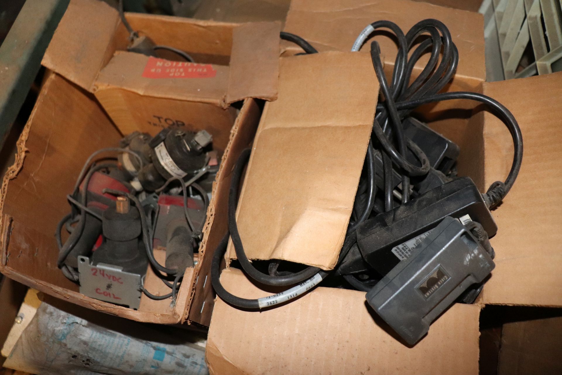 Pallet of small light bulbs, electrical components, circuit breakers, power bricks, and electric mot - Image 6 of 11