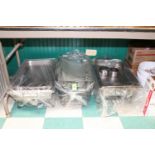 Two chafing dishes and wire baskets