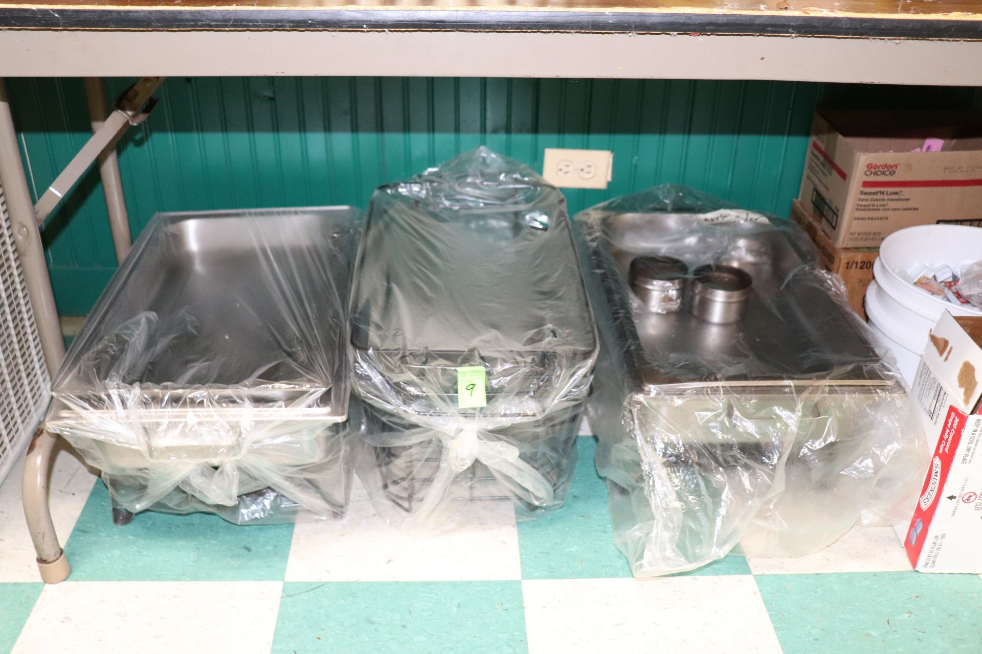 Two chafing dishes and wire baskets