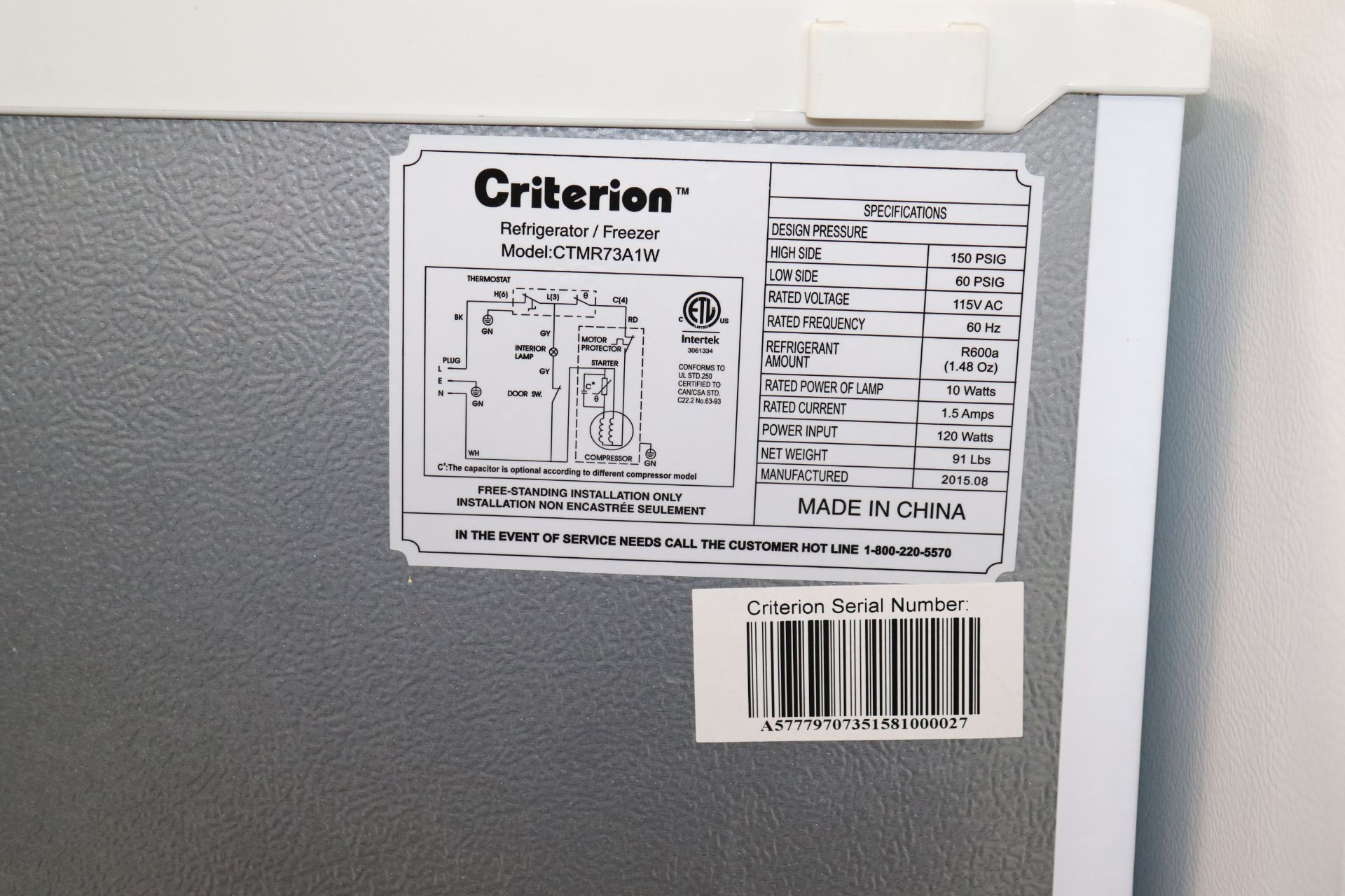 Criterion Combination Freezer/Refrigerator, Model CTMR73A1W, Serial A57779707351581000027 - Image 5 of 7