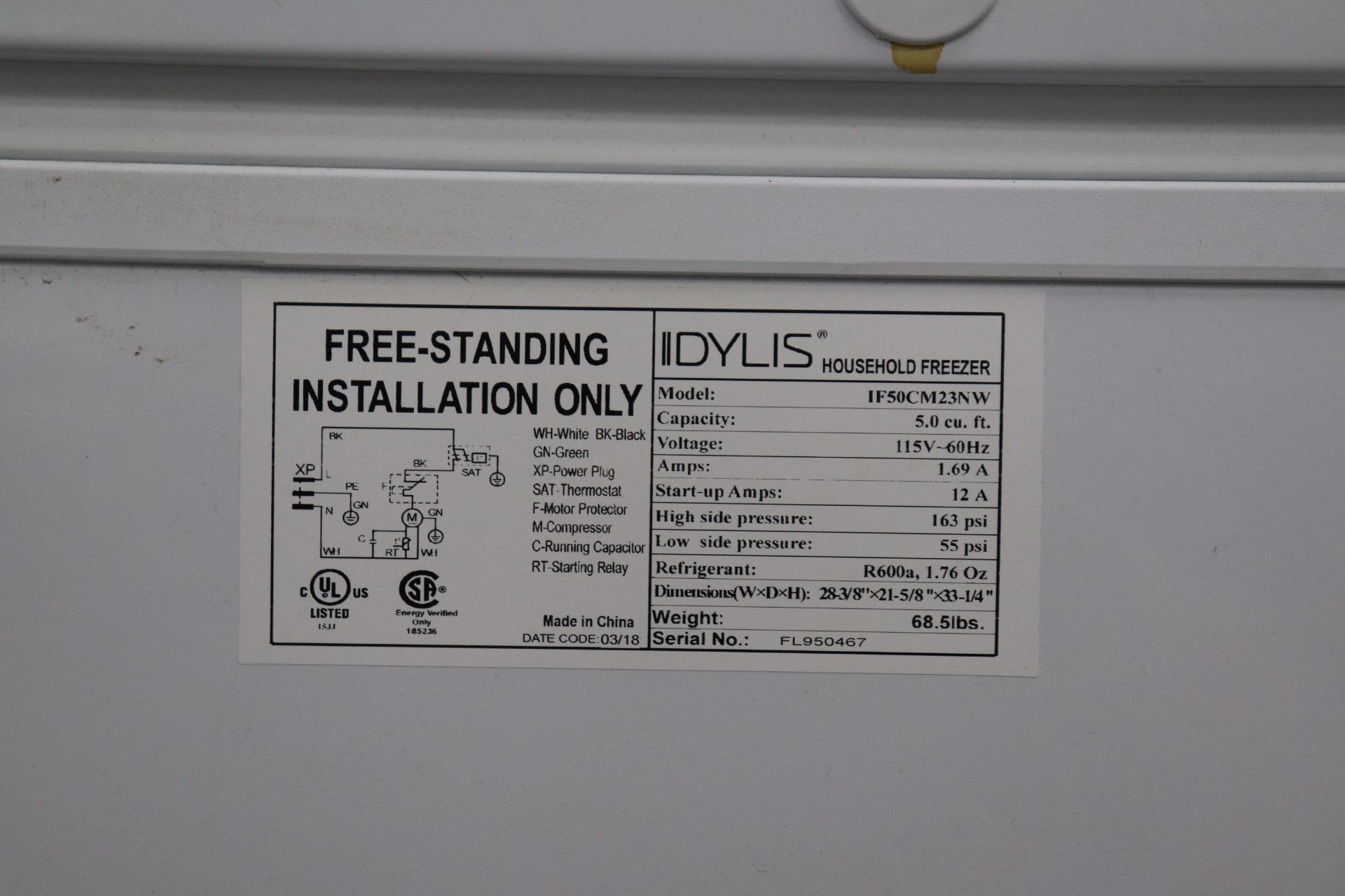 Idylis Household Freezer, 5 cubit foot capacity, 29" x 22" x 33", Model IF50CM23NW, Serial FL950467 - Image 4 of 4