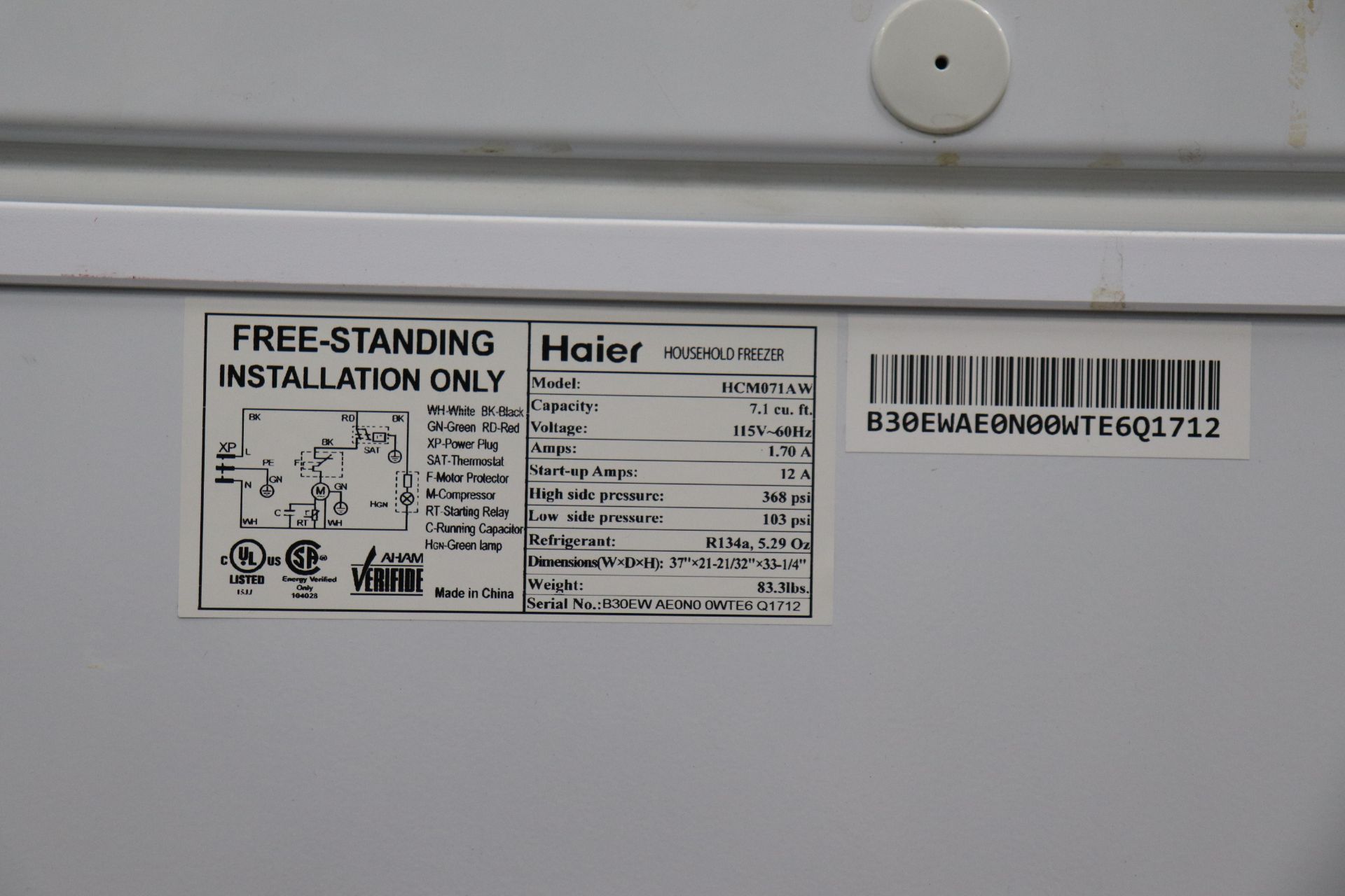 Haier Household Freezer, 7.1 cubit foot capacity, Model HCM071AW, 37" x 22" x 33", Serial #B30EW AE0 - Image 6 of 6