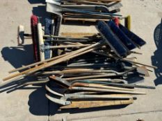 Pallet of Shovels, Push Brooms, Post Hole Digger