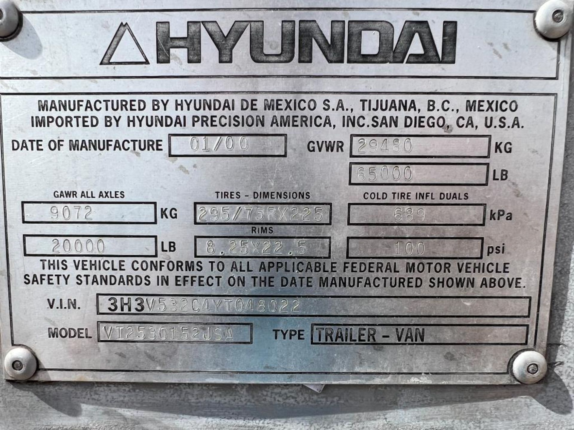 2000 Hyundai VI2530152JSA 53' Dry Van Trailer, VIN: 3H3V532C4YT048022 - Image 8 of 8
