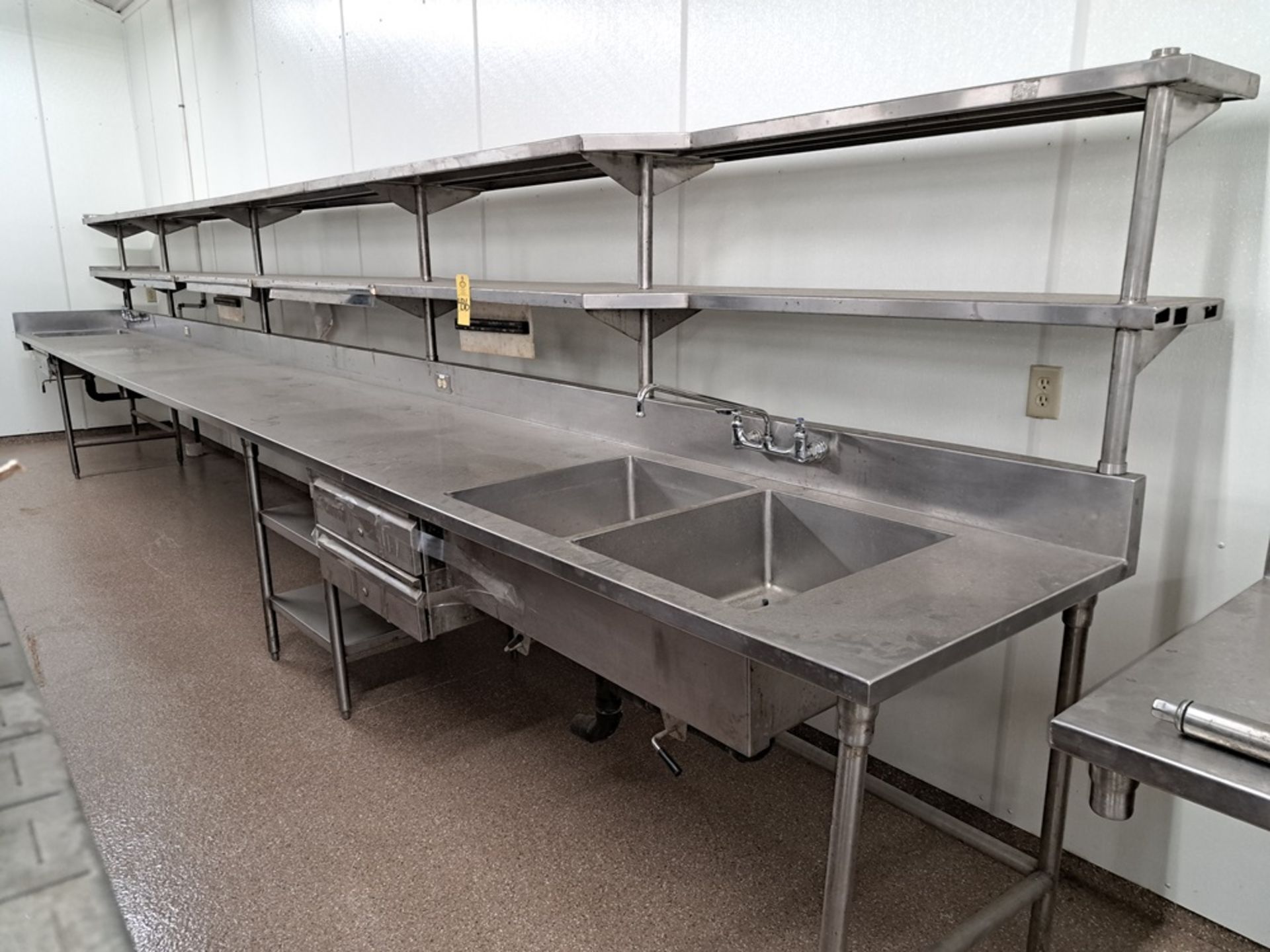 Stainless Steel Table, 42" wide X 26' long X 6' tall, (2) sinks, (2) overhead shelves, (3)