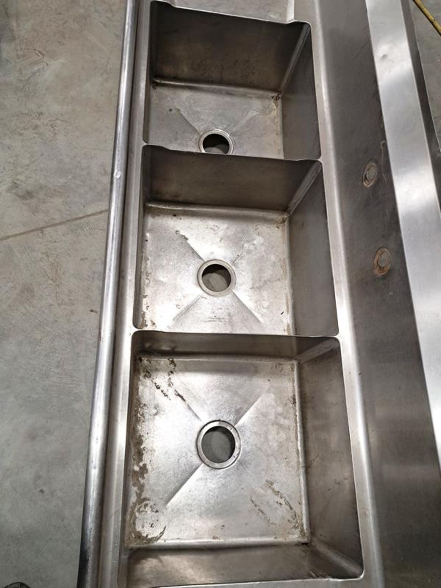 Stainless Steel Sink, 18" wide X 89" long, 3-bowls, space for single faucet (missing legs) NO HAND - Image 2 of 3