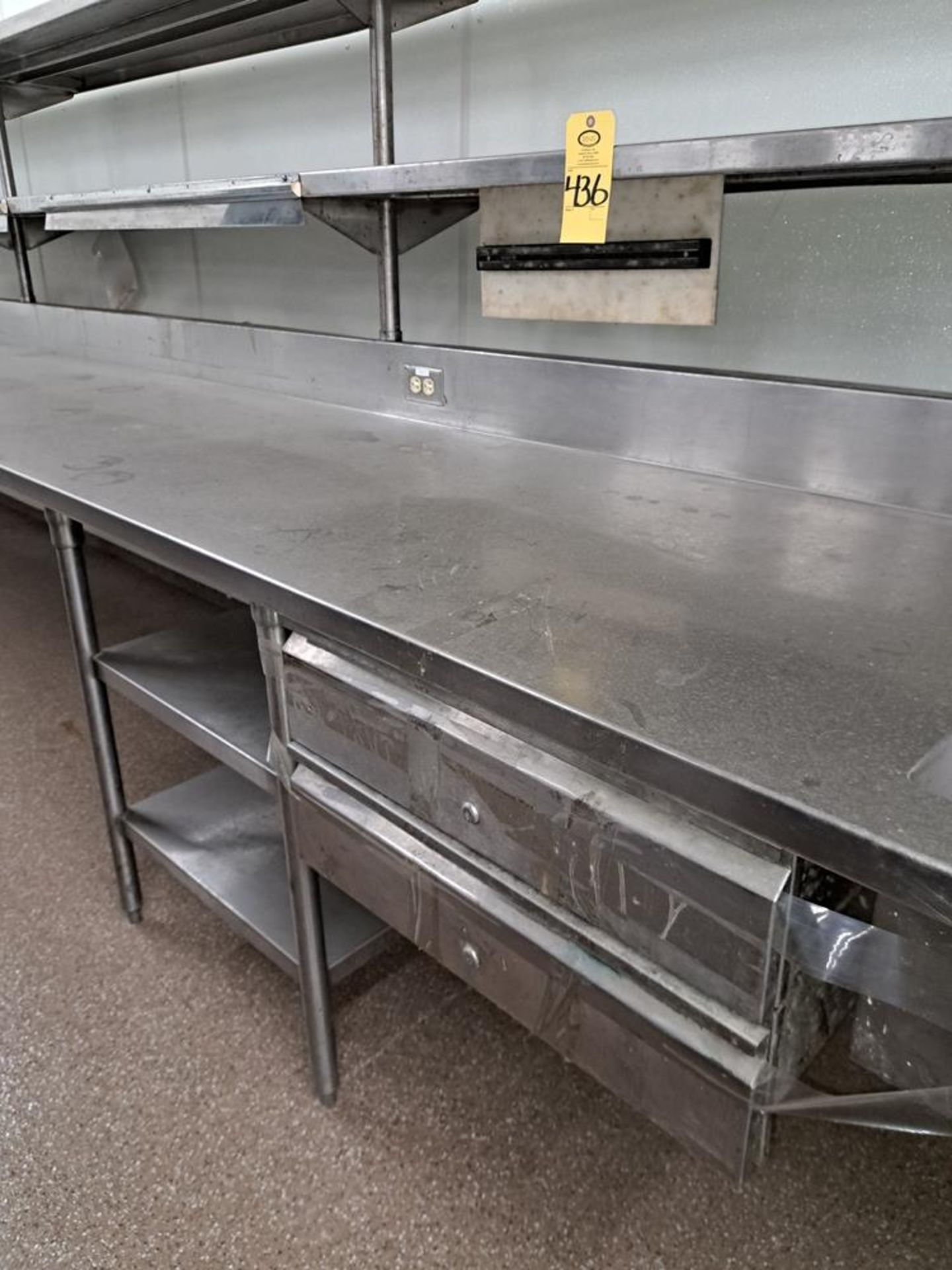 Stainless Steel Table, 42" wide X 26' long X 6' tall, (2) sinks, (2) overhead shelves, (3) - Bild 3 aus 5