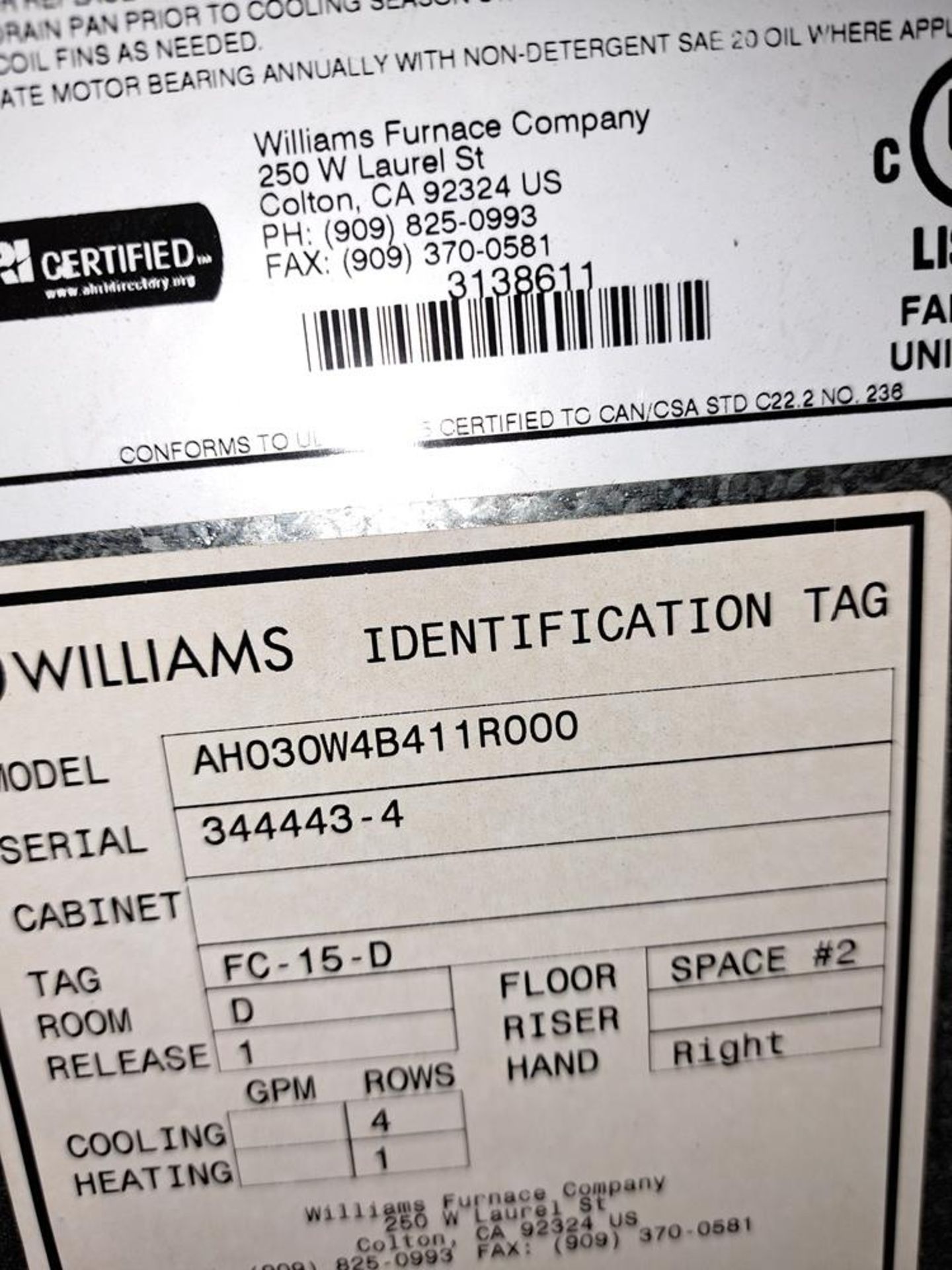Williams Mdl. #AH030WB11R000 Fan Coil, Ser. #344443-4, 120 volts (New/Unused In Crate)spanphoto - Image 2 of 3