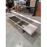 Stainless Steel Sink, 18" wide X 89" long, 3-bowls, space for single faucet (missing legs) NO HAND